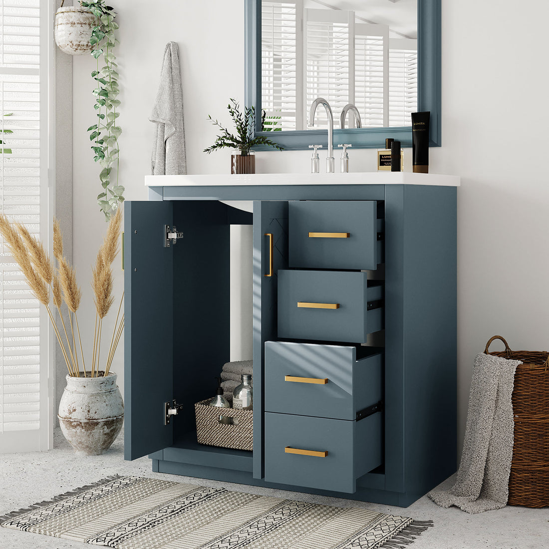 30'' Bathroom Vanity With Resin Sink Combo,Solid Wood Frame Bathroom Storage Cabinet, Freestanding Vanity Set With 3 Drawers& Soft Closing Doors 2 Navy Blue 2 1 Adjustable Hinges Bathroom Freestanding Solid Wood Mdf Resin Painted