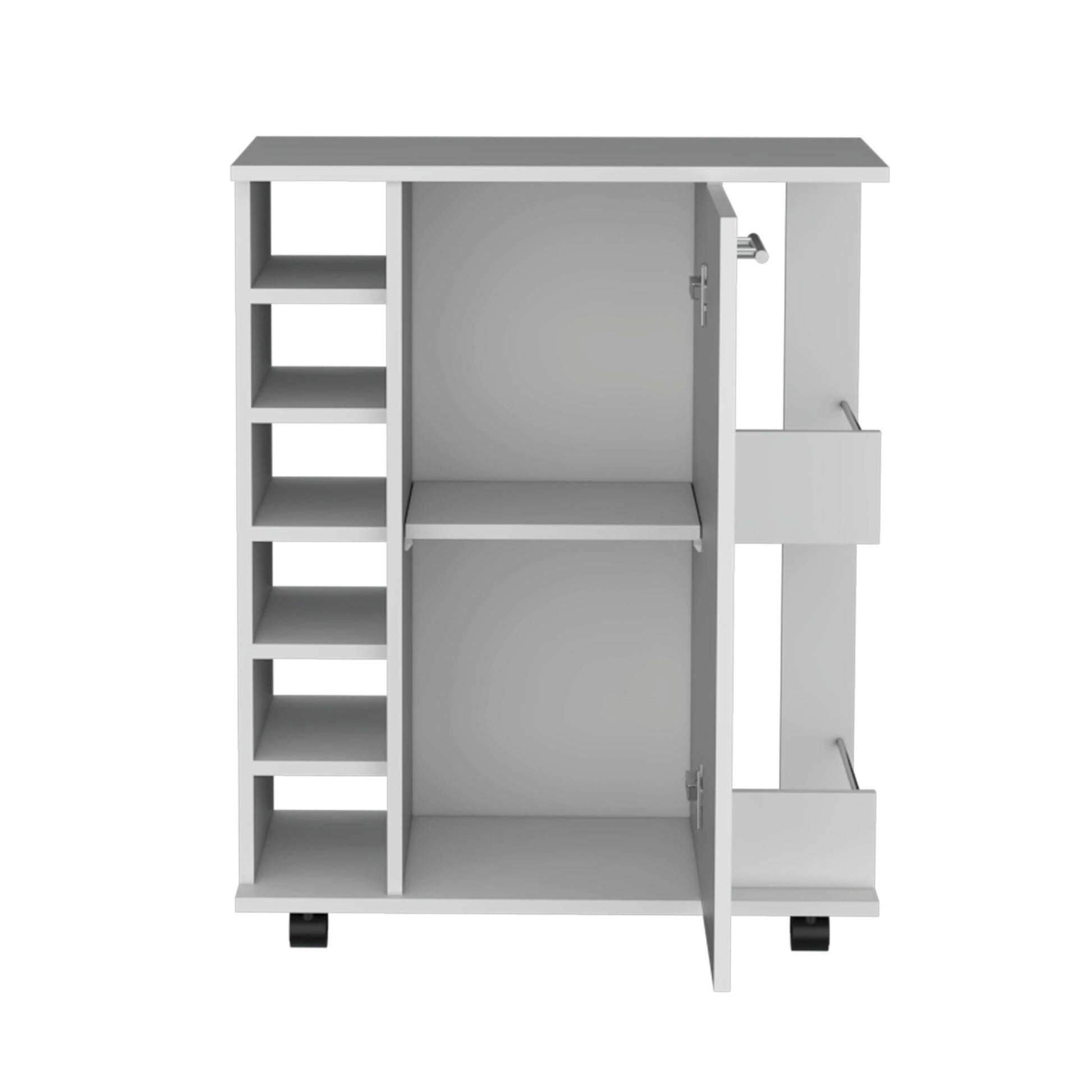 White 4 Wheel Bar Cart Cabinet For Kitchen Or