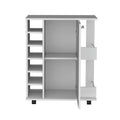 White 4 Wheel Bar Cart Cabinet For Kitchen Or Living Room, With 6 Side Built In Bottle Racks, 1 Interior Shelve, 2 Side Shelves, 2 Space With Wood Door To Store Glasses, Cups, Coffee Or Snacks. White White Contemporary,Modern Particle Board Engineered