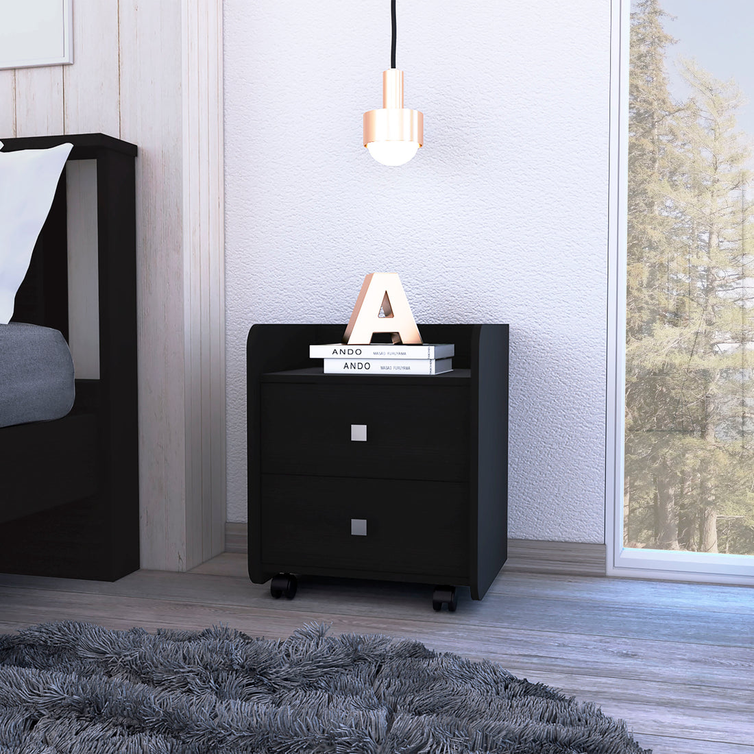 Nightstand 22"H, Two Drawers, Superior Top, Metal Handle, Black Black 2 Drawers Pine Black Particle Board Engineered Wood