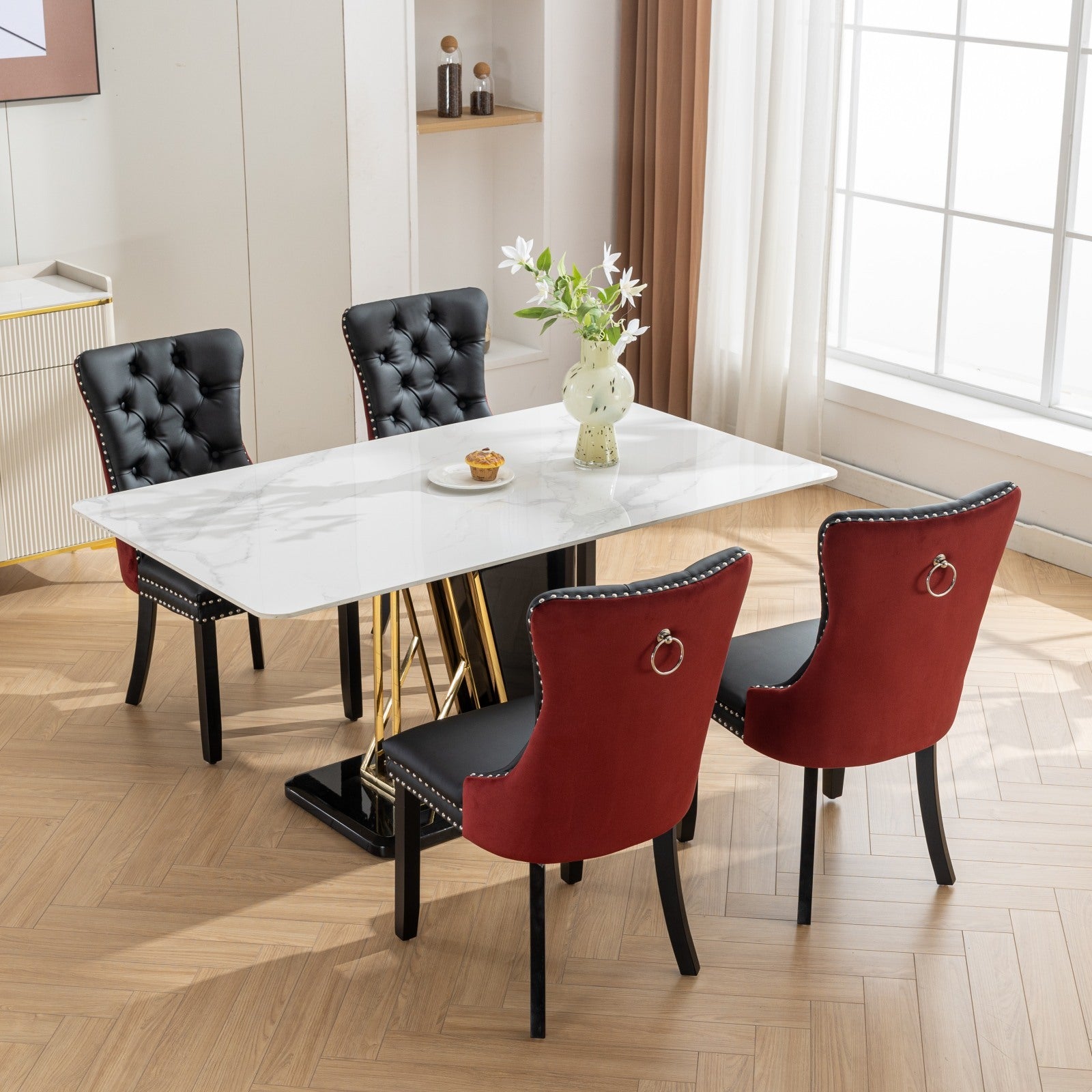 Nikki Collection Modern, High End Tufted Solid Wood Contemporary Pu And Velvet Upholstered Dining Chair With Wood Legs Trim 2 Pcs Set, Black Winered, Burdy,Sw2101Bw Black Burgundy Dining Room American Design Dining Chairs Set Of 2 Foam Pu Leather