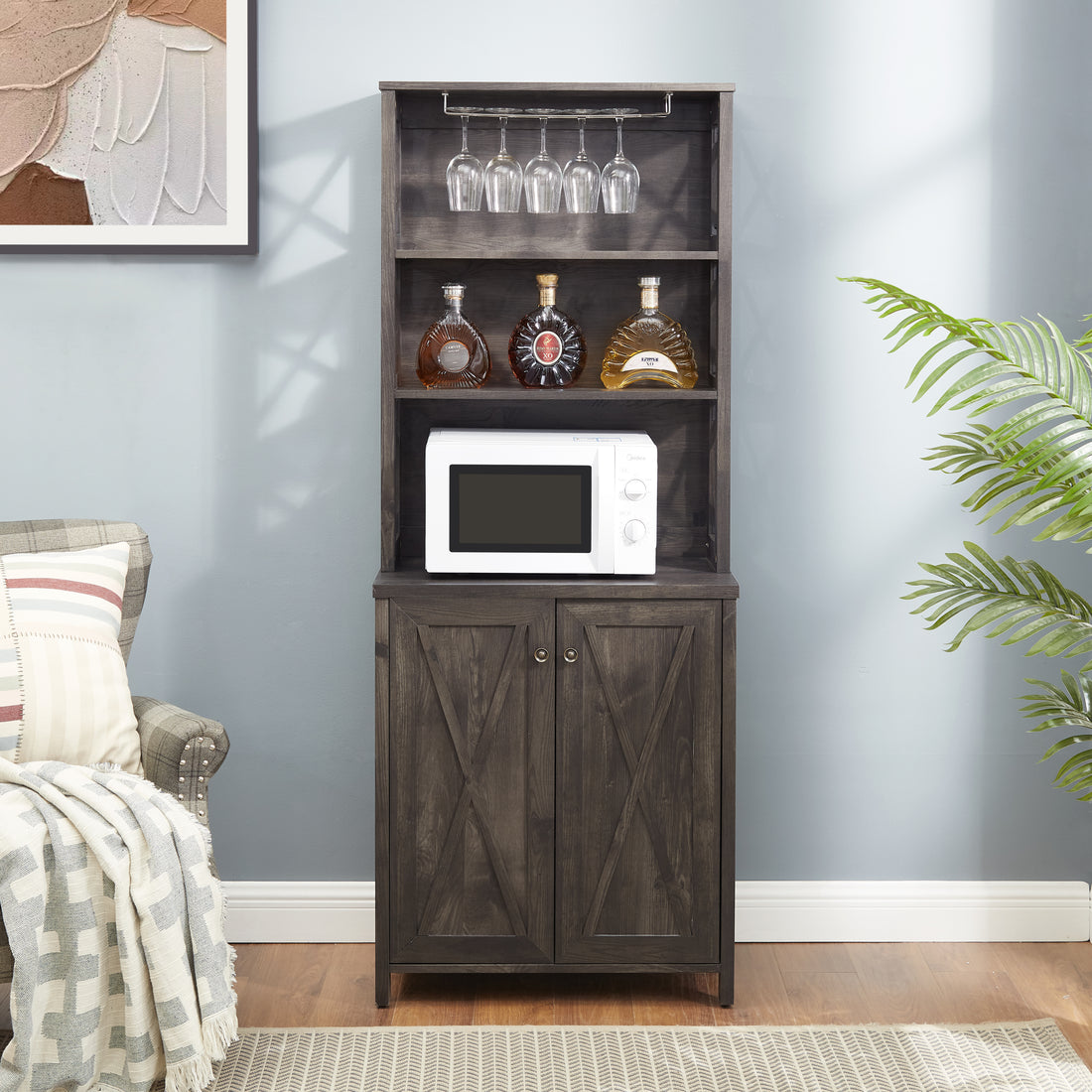 Coffee Bar Cabinet Kitchen Cabinet With Microwave Stand Metal Frame Side Home Source Bar Cabinet Cabinet And Hollow Out Barn Design Wood Cabinet L26.77''*W15.75''*H67.32'' Charcoal Gray Charcoal Grey Cabinets Included Mdf