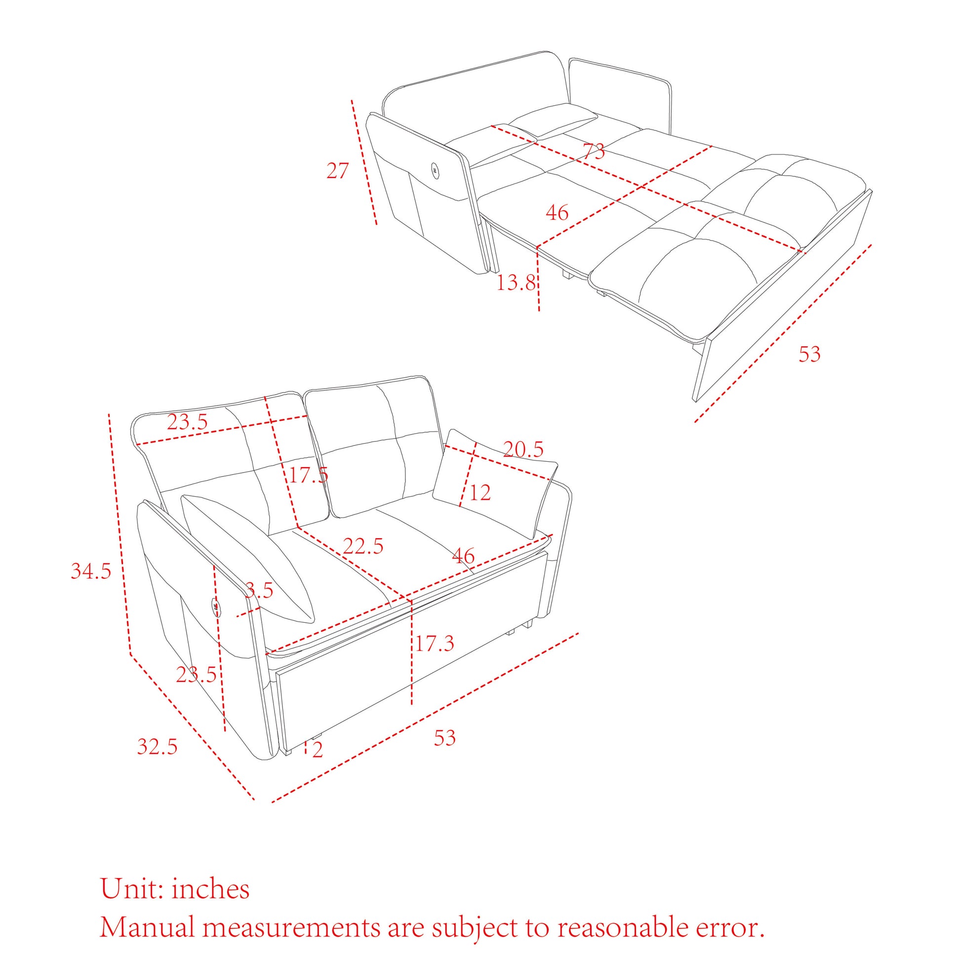 53" Modern Convertible Sofa Bed W 2 Removable Armrests W Usb Power Port, Velvet Recliner Adjustable Sofa W Head Pull Out Bed, 2 Pillows, For Living Room Apartment Etc., White Black Beige Black Foam Velvet