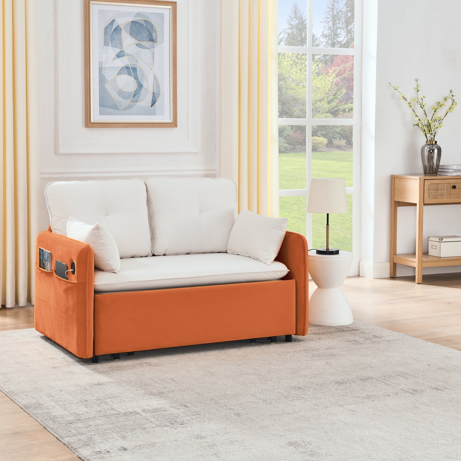 53" Modern Convertible Sofa Bed W 2 Removable Armrests W Usb Power Port, Velvet Recliner Adjustable Sofa W Head Pull Out Bed, 2 Pillows, For Living Room Apartment Etc., White Orange Beige Foam Velvet
