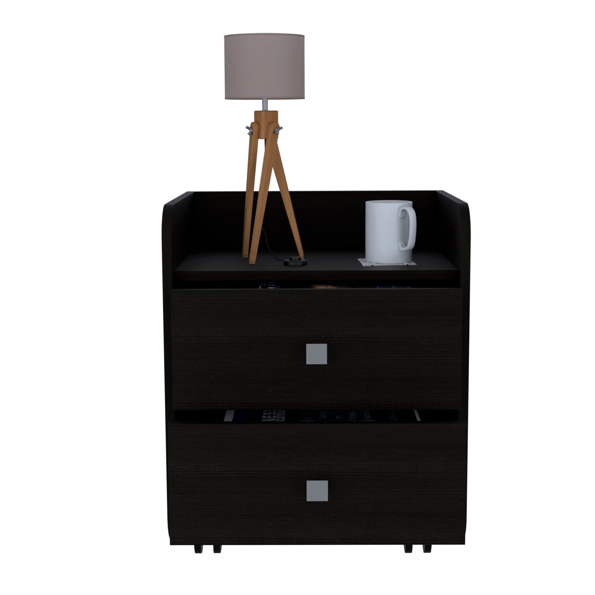 Nightstand 22"H, Two Drawers, Superior Top, Metal Handle, Black Black 2 Drawers Pine Black Particle Board Engineered Wood