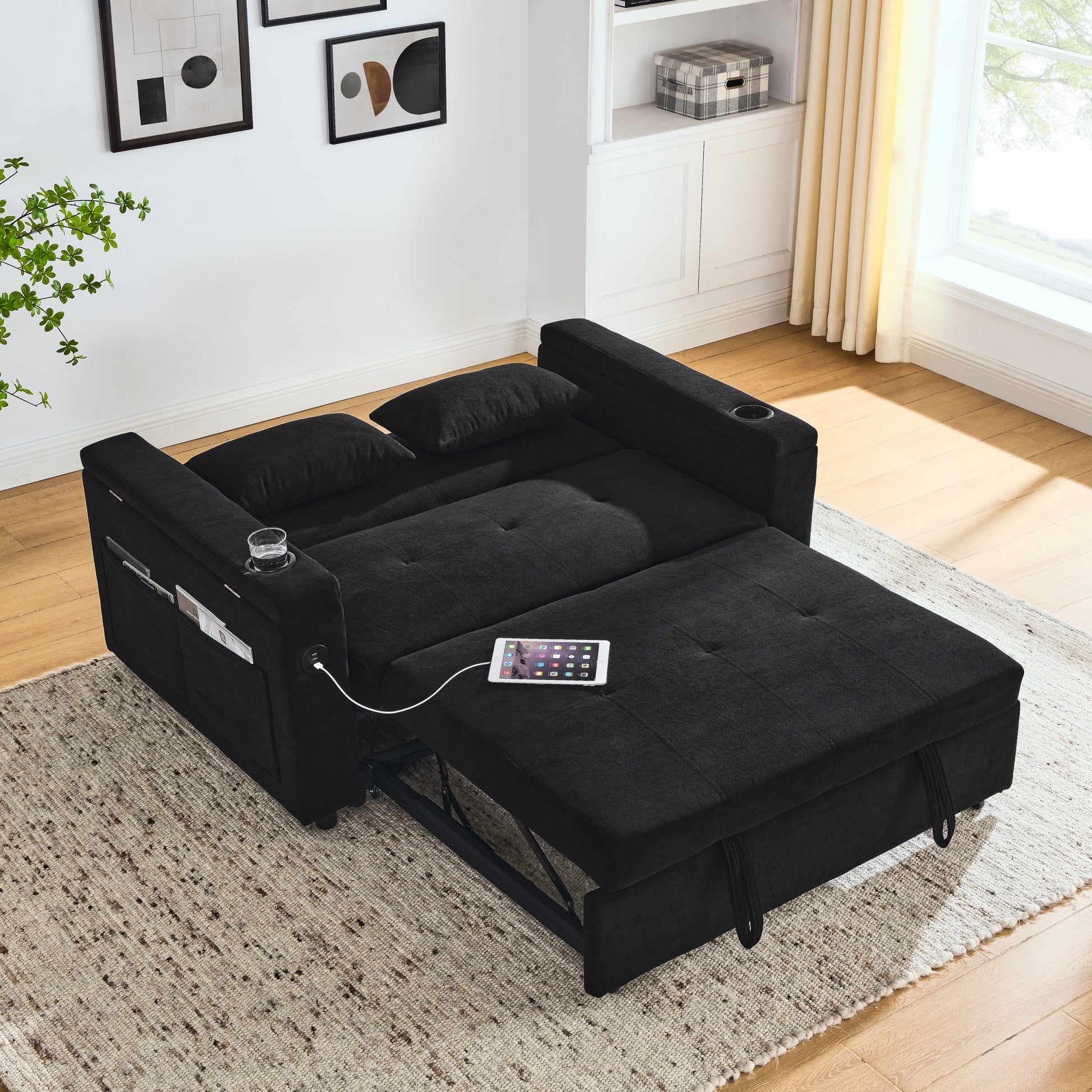 54" Pull Out Sleeper Sofa Bed Double Seat Recliner Sofa Bed With Armrests With Storage And Side Pockets, Adjustable Backrest And Lumbar Pillow For Apartments, Living Rooms, Etc. With Usb Power Outlet Black Foam Chenille 2 Seat