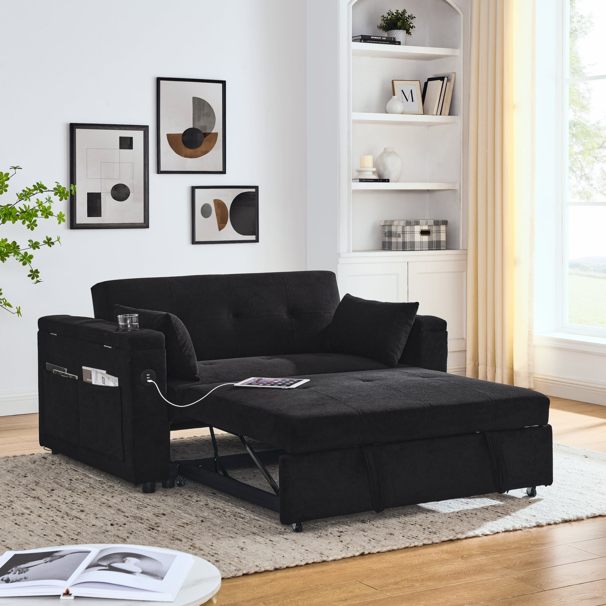 54" Pull Out Sleeper Sofa Bed Double Seat Recliner Sofa Bed With Armrests With Storage And Side Pockets, Adjustable Backrest And Lumbar Pillow For Apartments, Living Rooms, Etc. With Usb Power Outlet Black Foam Chenille 2 Seat