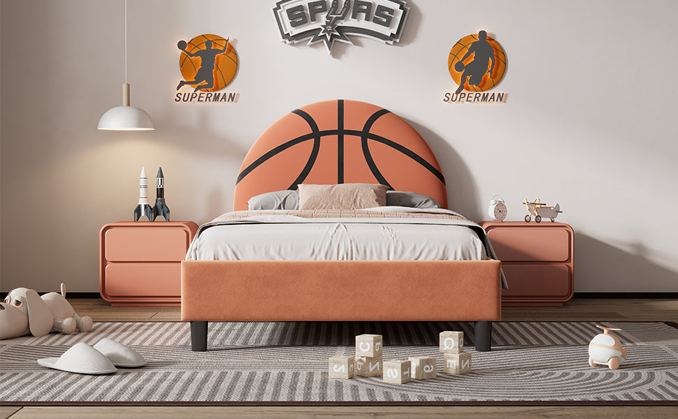 Basketball Design Upholstered Twin Platform Bed Sport box spring not required-twin-orange-wood-bed