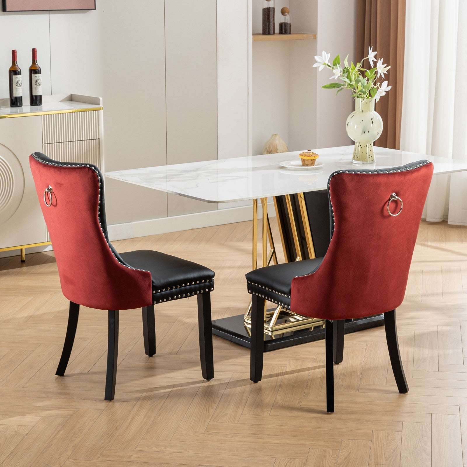 Nikki Collection Modern, High End Tufted Solid Wood Contemporary Pu And Velvet Upholstered Dining Chair With Wood Legs Trim 2 Pcs Set, Black Winered, Burdy,Sw2101Bw Black Burgundy Dining Room American Design Dining Chairs Set Of 2 Foam Pu Leather