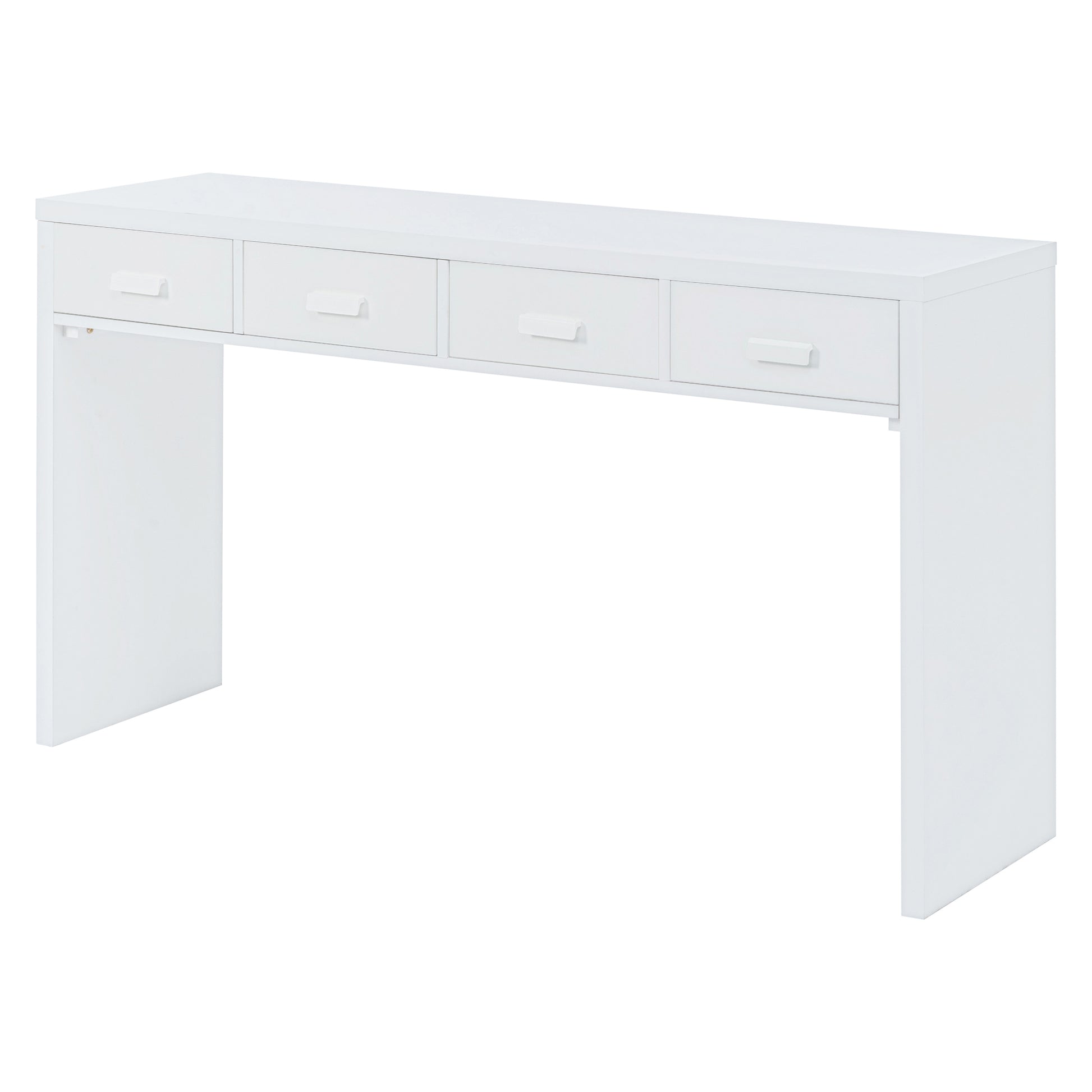 Modern Minimalist Console Table With Open Tabletop And Four Drawers With Metal Handles For Entry Way, Living Room And Dining Room White White Mdf