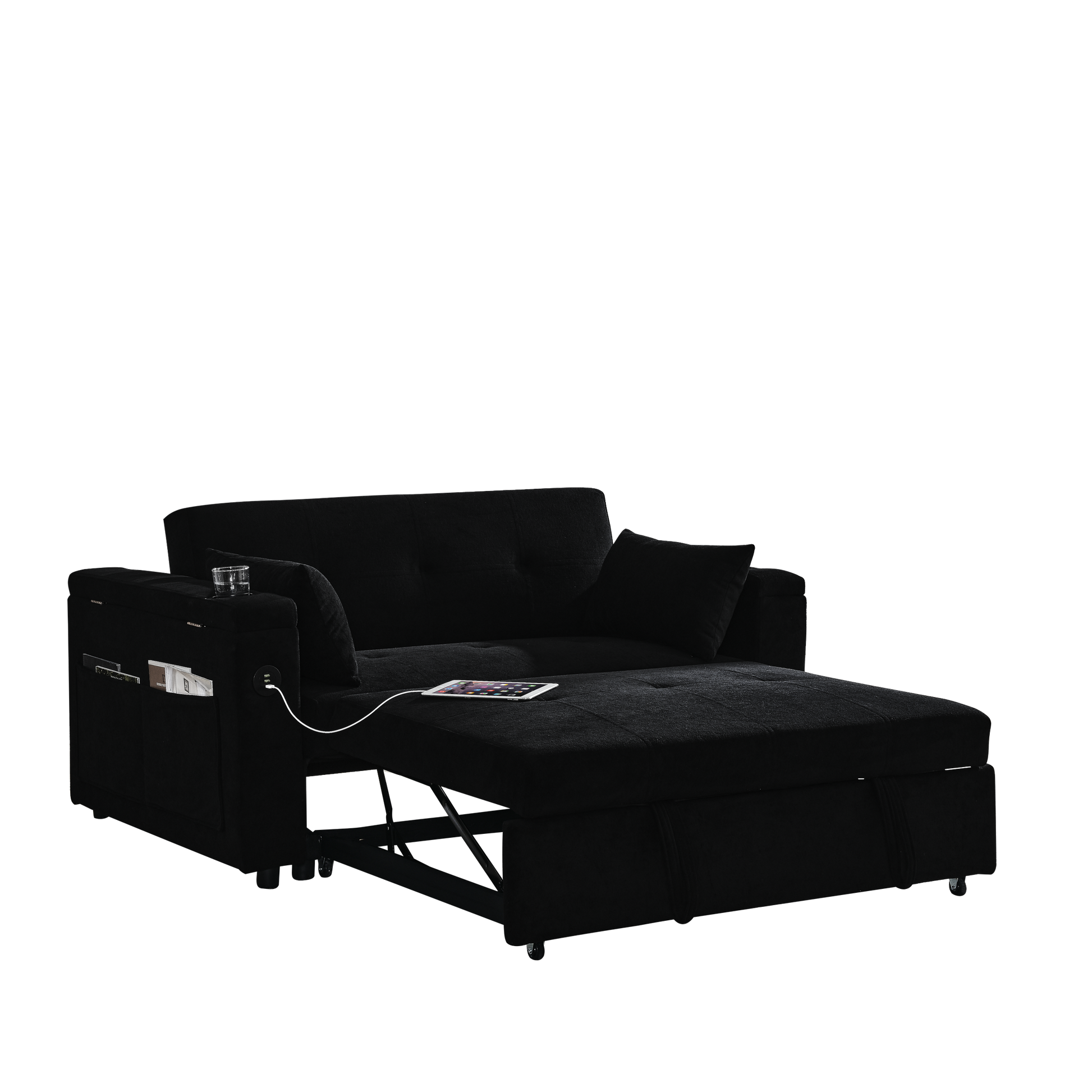 54" Pull Out Sleeper Sofa Bed Double Seat Recliner Sofa Bed With Armrests With Storage And Side Pockets, Adjustable Backrest And Lumbar Pillow For Apartments, Living Rooms, Etc. With Usb Power Outlet Black Foam Chenille 2 Seat