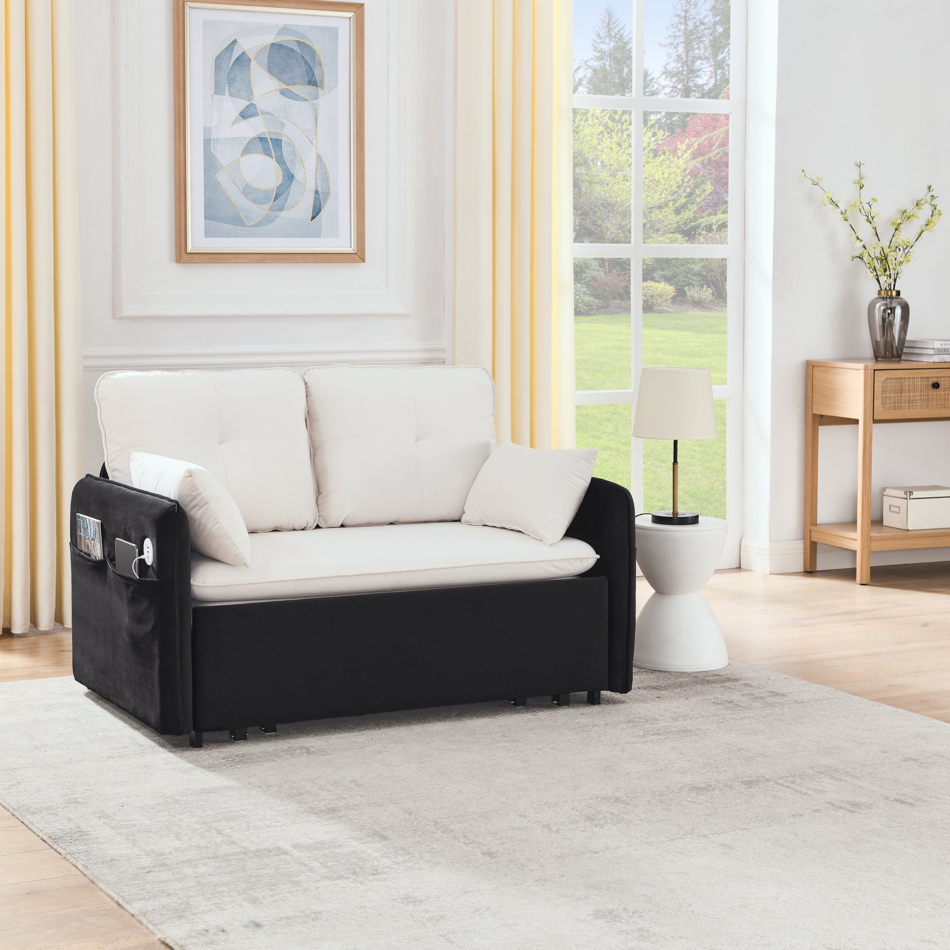 53" Modern Convertible Sofa Bed W 2 Removable Armrests W Usb Power Port, Velvet Recliner Adjustable Sofa W Head Pull Out Bed, 2 Pillows, For Living Room Apartment Etc., White Black Beige Black Foam Velvet