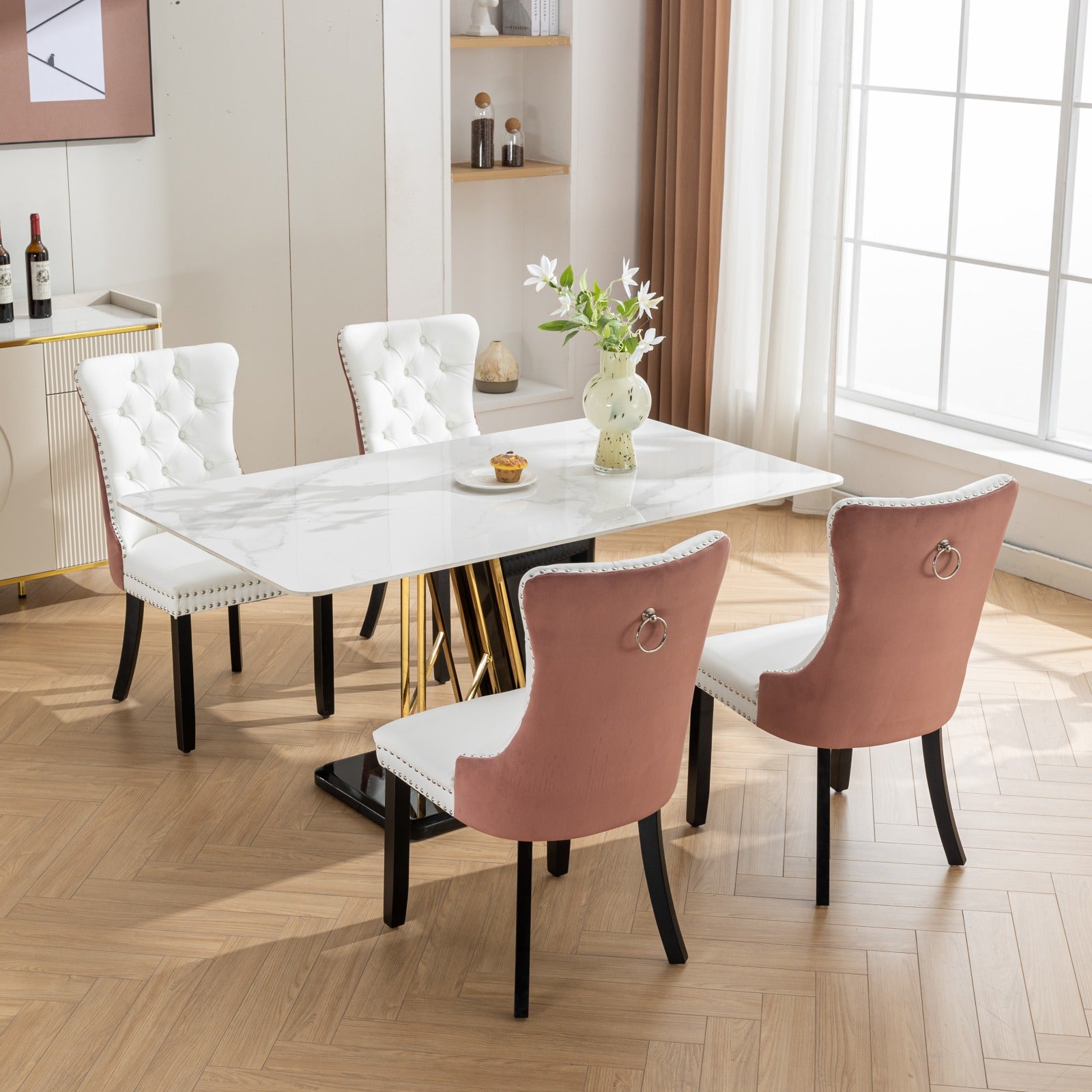 Nikki Collection Modern, High End Tufted Solid Wood Contemporary Pu And Velvet Upholstered Dining Chair With Wood Legs Trim 2 Pcs Set, White Pink, Sw2101Wp White Pink Dining Room American Design