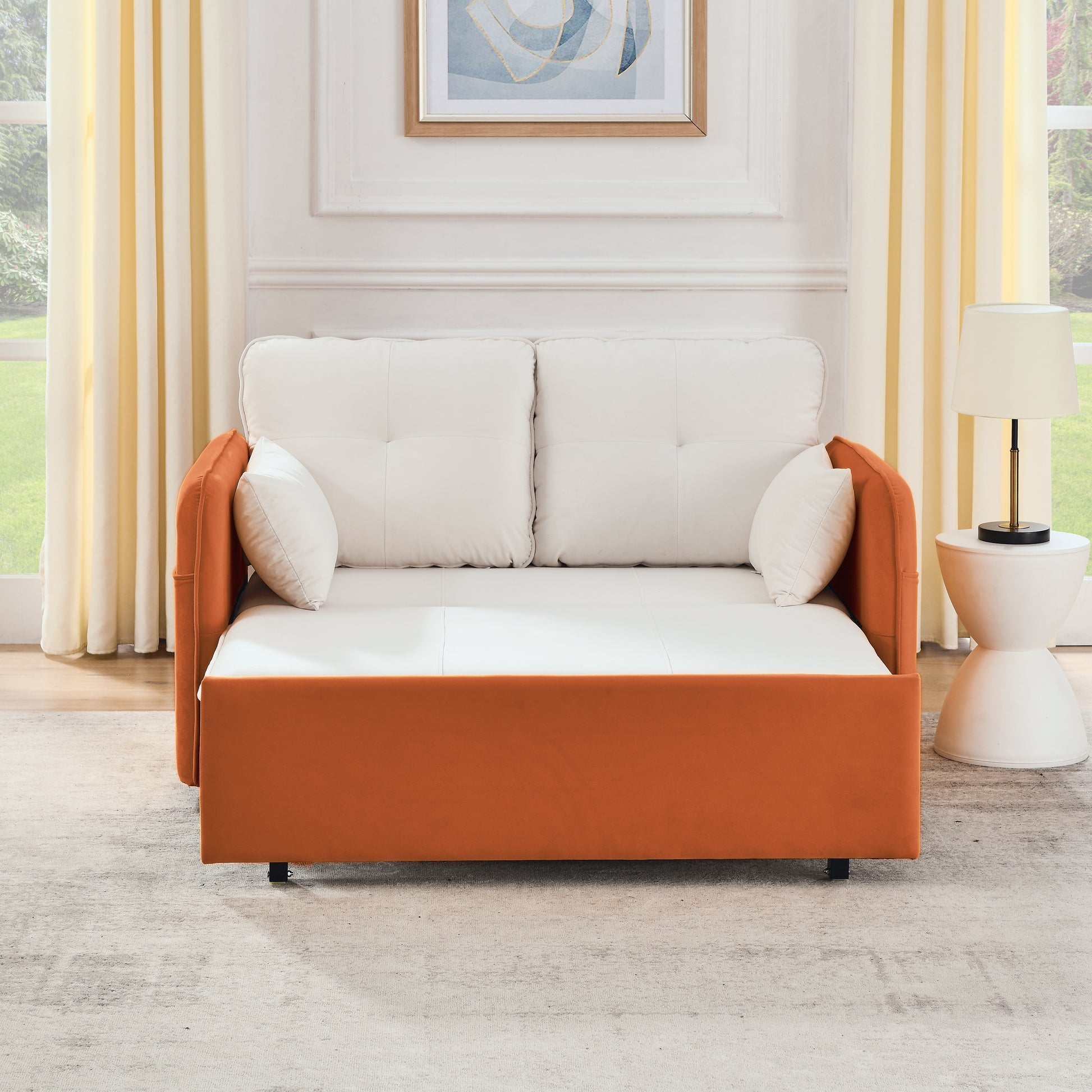 53" Modern Convertible Sofa Bed W 2 Removable Armrests W Usb Power Port, Velvet Recliner Adjustable Sofa W Head Pull Out Bed, 2 Pillows, For Living Room Apartment Etc., White Orange Beige Foam Velvet