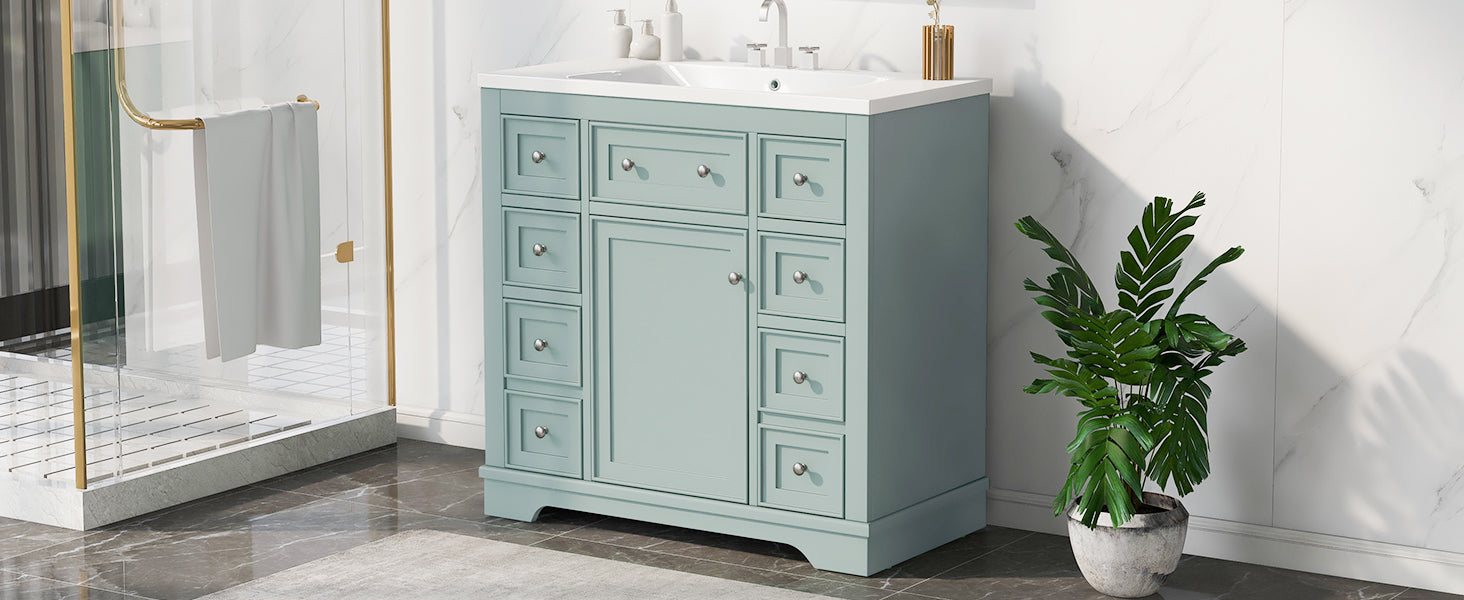 36" Bathroom Vanity With Sink Combo, One Cabinet And Six Drawers, Solid Wood And Mdf Board, Green Old Sku:Sy999404Aag Green Solid Wood Mdf