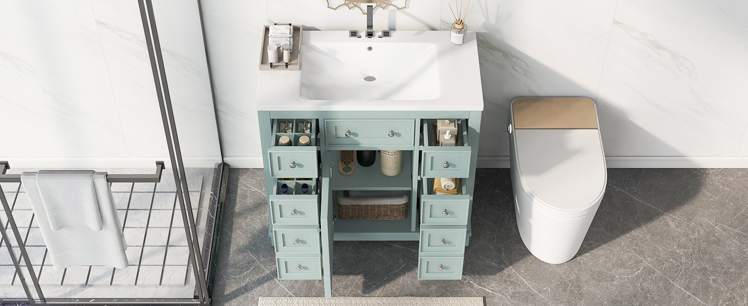 36" Bathroom Vanity With Sink Combo, One Cabinet And Six Drawers, Solid Wood And Mdf Board, Green Green Solid Wood Mdf