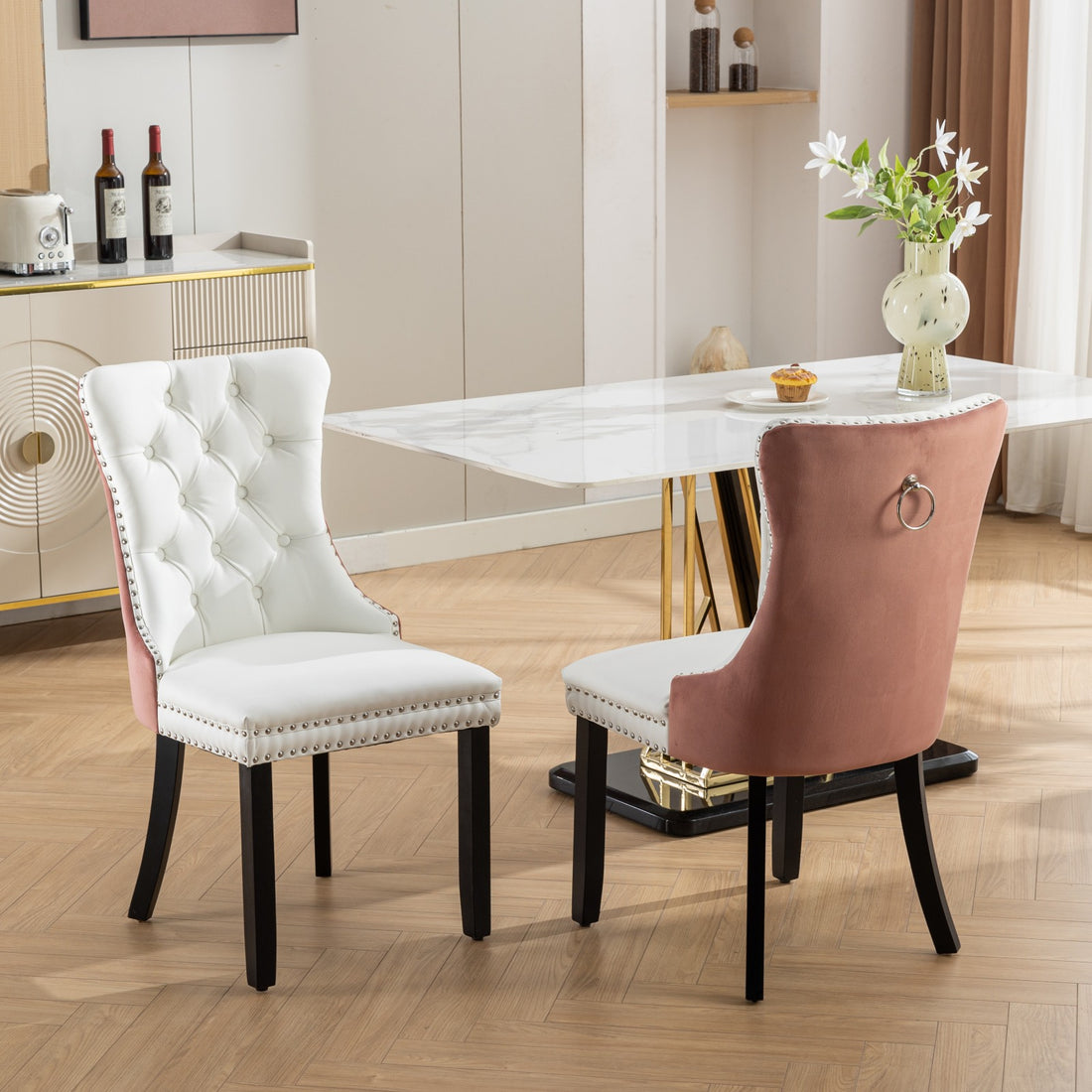 Nikki Collection Modern, High End Tufted Solid Wood Contemporary Pu And Velvet Upholstered Dining Chair With Wood Legs Trim 2 Pcs Set, White Pink, Sw2101Wp White Pink Dining Room American Design