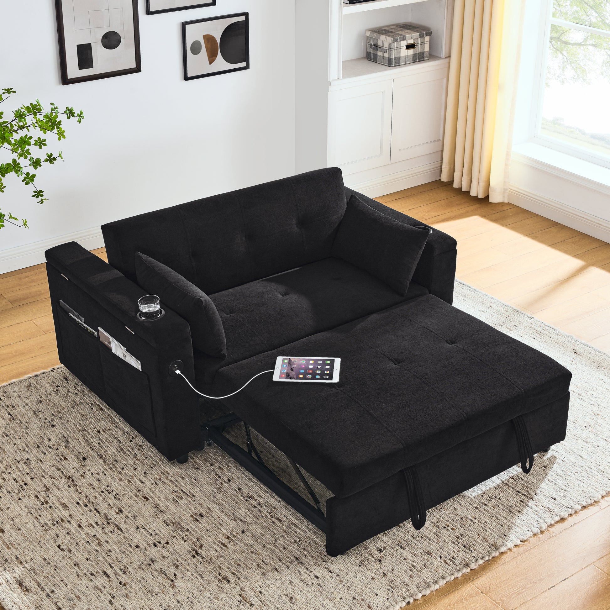 54" Pull Out Sleeper Sofa Bed Double Seat Recliner Sofa Bed With Armrests With Storage And Side Pockets, Adjustable Backrest And Lumbar Pillow For Apartments, Living Rooms, Etc. With Usb Power Outlet Black Foam Chenille 2 Seat