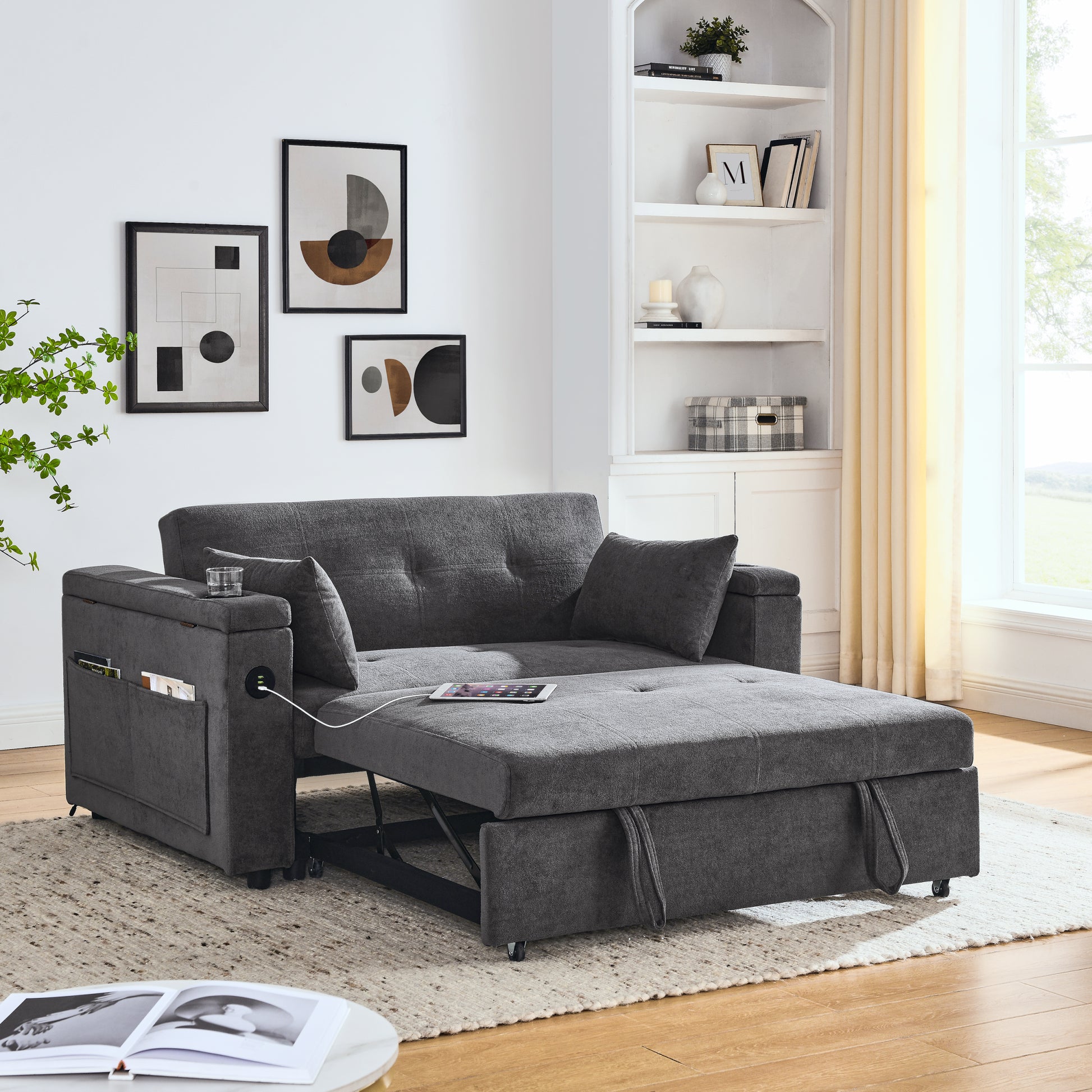 54" Pull Out Sleeper Sofa Bed Double Seat Recliner Sofa Bed With Armrests With Storage And Side Pockets, Adjustable Backrest And Lumbar Pillow For Apartments, Living Rooms, Etc. With Usb Power Outlet Grey Foam Chenille 2 Seat