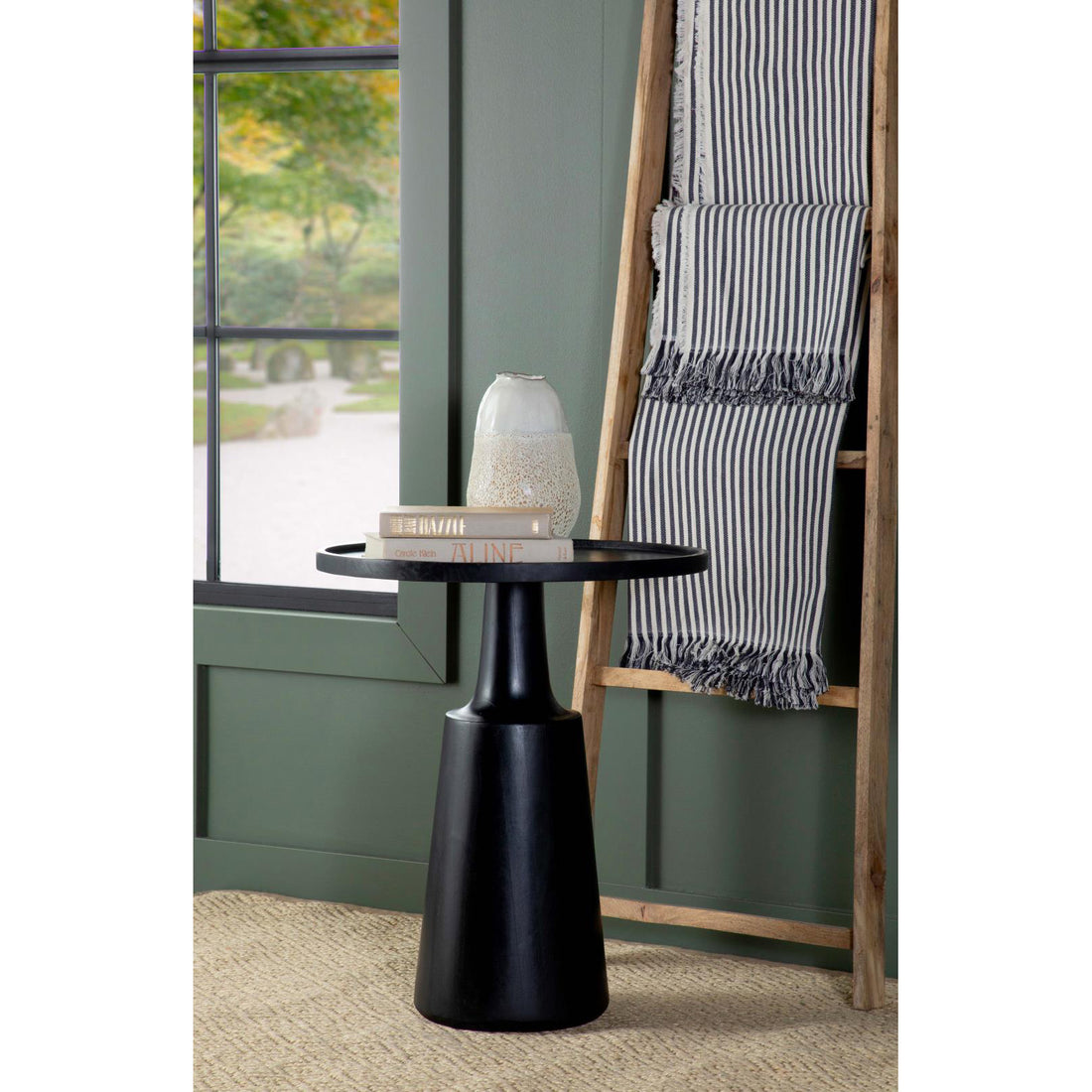 Black Stain Pedestal Accent Table Black Primary Living Space Farmhouse,Rustic Freestanding Mango Round Coffee & End Tables Wood Pedestal