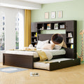 Queen Size Wooden Bed With All In One Cabinet, Shelf And Sockets,Twin Xl Trundle,Espresso Queen Espresso Solid Wood