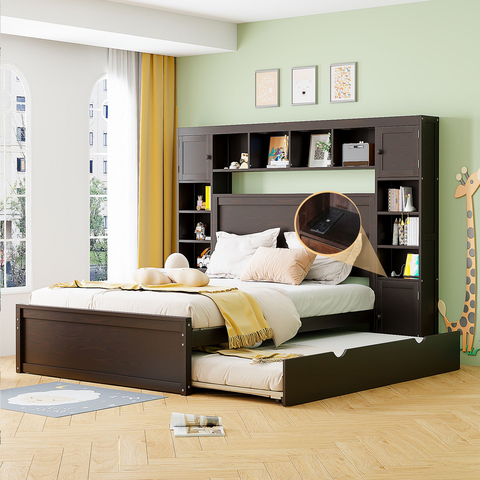 Queen Size Wooden Bed With All In One Cabinet, Shelf And Sockets,Twin Xl Trundle,Espresso Queen Espresso Solid Wood