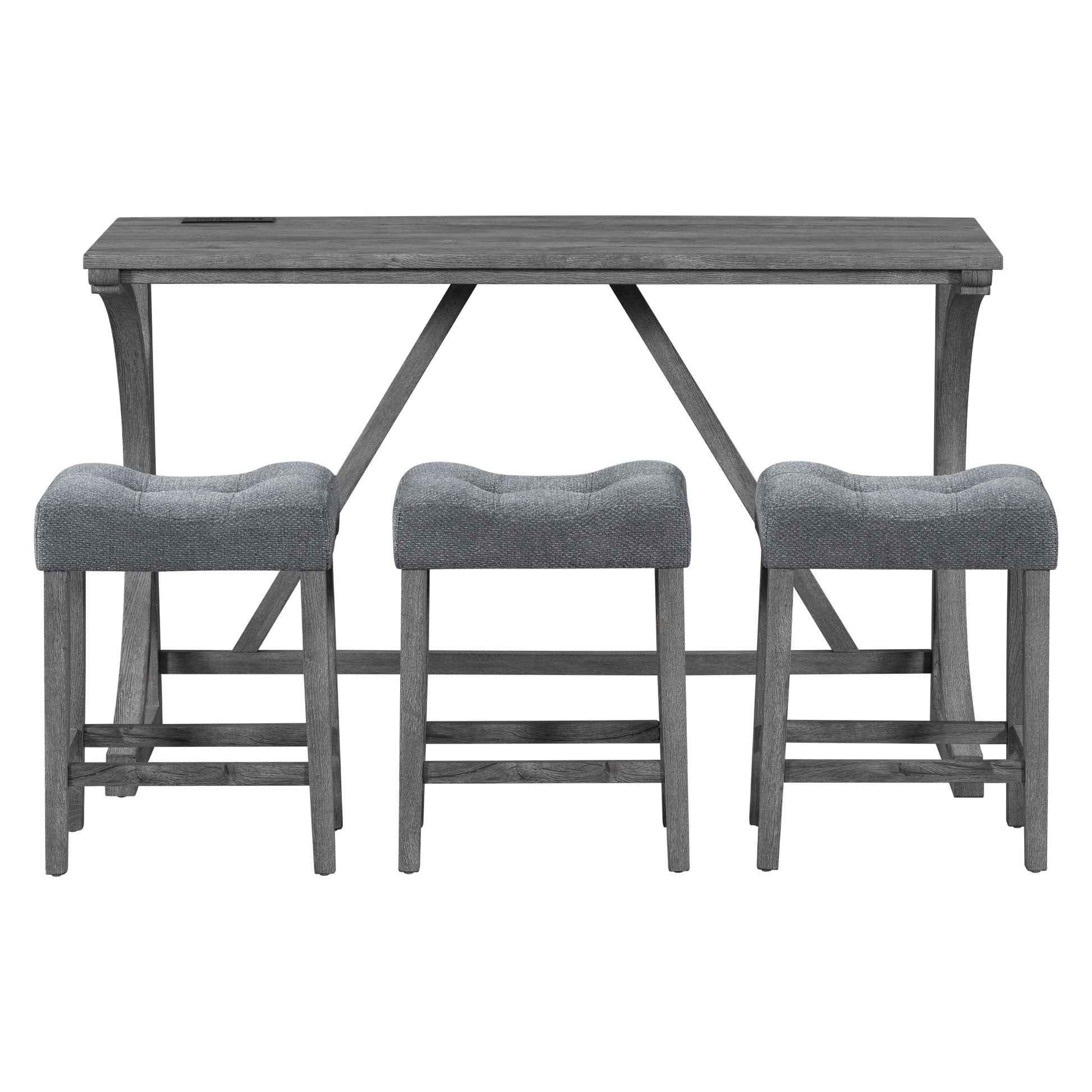 Bar Table Set With Power Outlet, Bar Table And Chairs Set, 4 Piece Dining Table Set, Industrial Breakfast Table Set, For Living Room, Dining Room, Game Room Gray Solid Wood Mdf