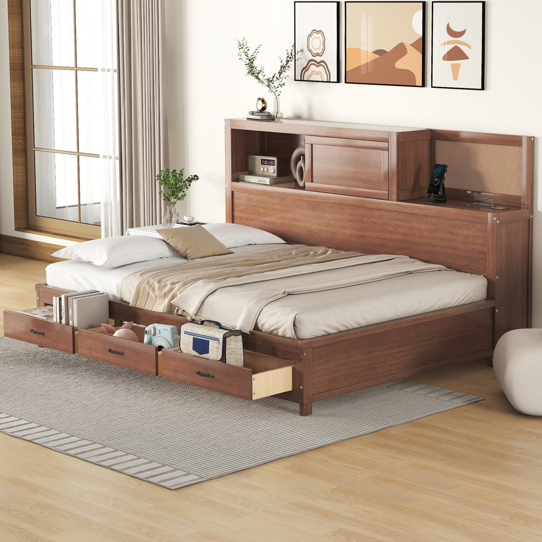 Full Size Wooden Daybed With 3 Storage Drawers, Upper Soft Board, Shelf, And A Set Of Sockets And Usb Ports, Brown Brown Solid Wood Mdf
