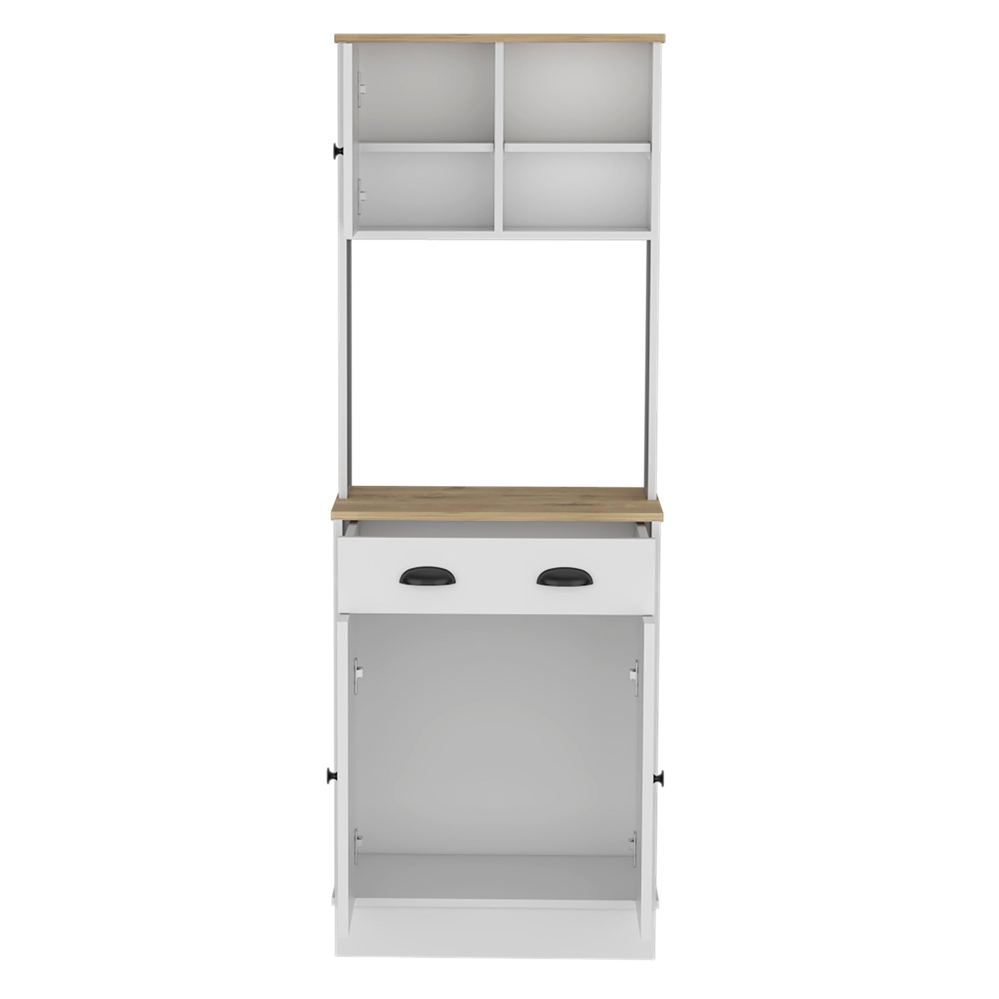 Kitchen Pantry 67" H, Two Cabinets, Three Doors, Two Open Shelves, One Drawer, Microwave Storage Option, White Macadamia Multicolor Contemporary,Modern Pine Particle Board Engineered Wood