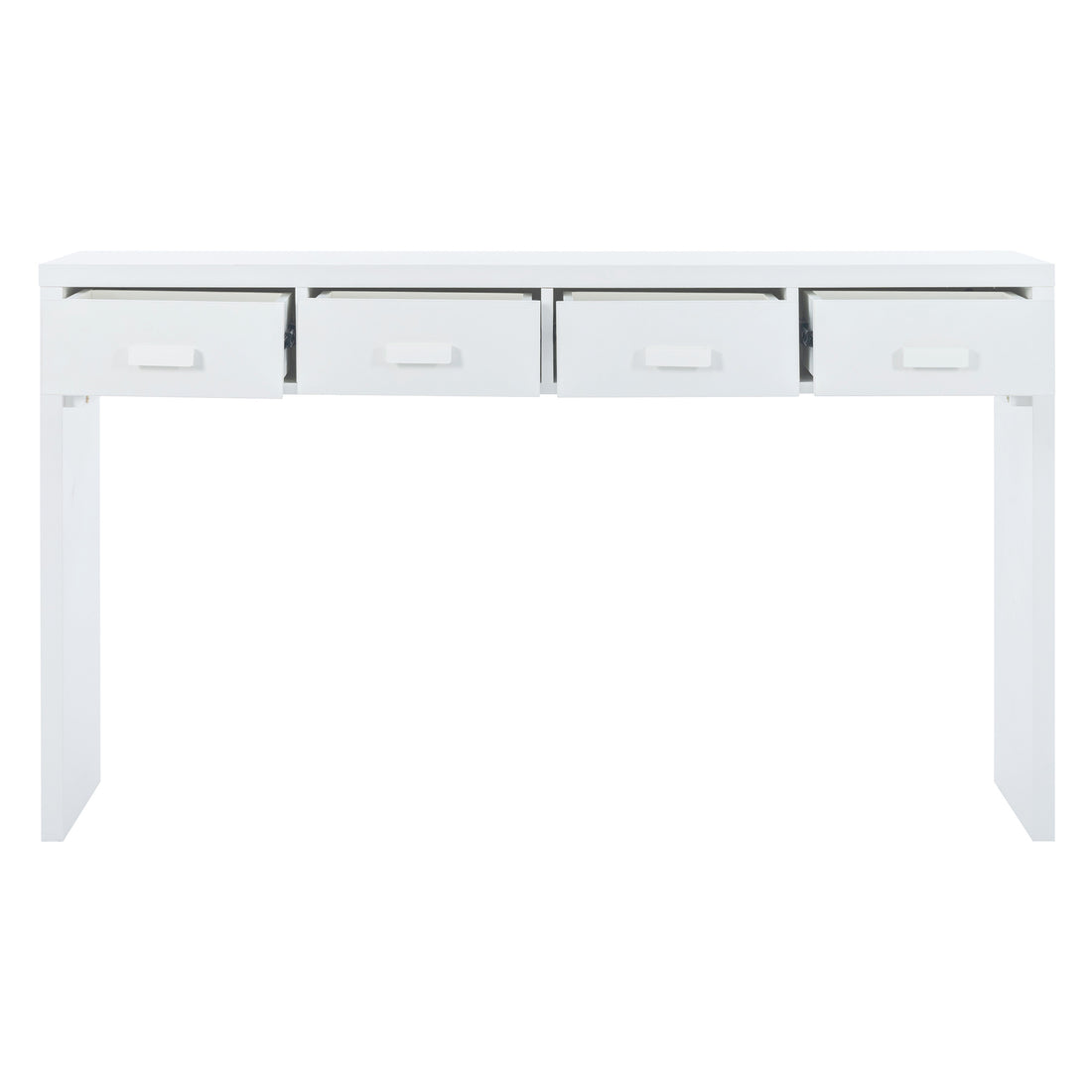 Modern Minimalist Console Table With Open Tabletop And Four Drawers With Metal Handles For Entry Way, Living Room And Dining Room White White Mdf