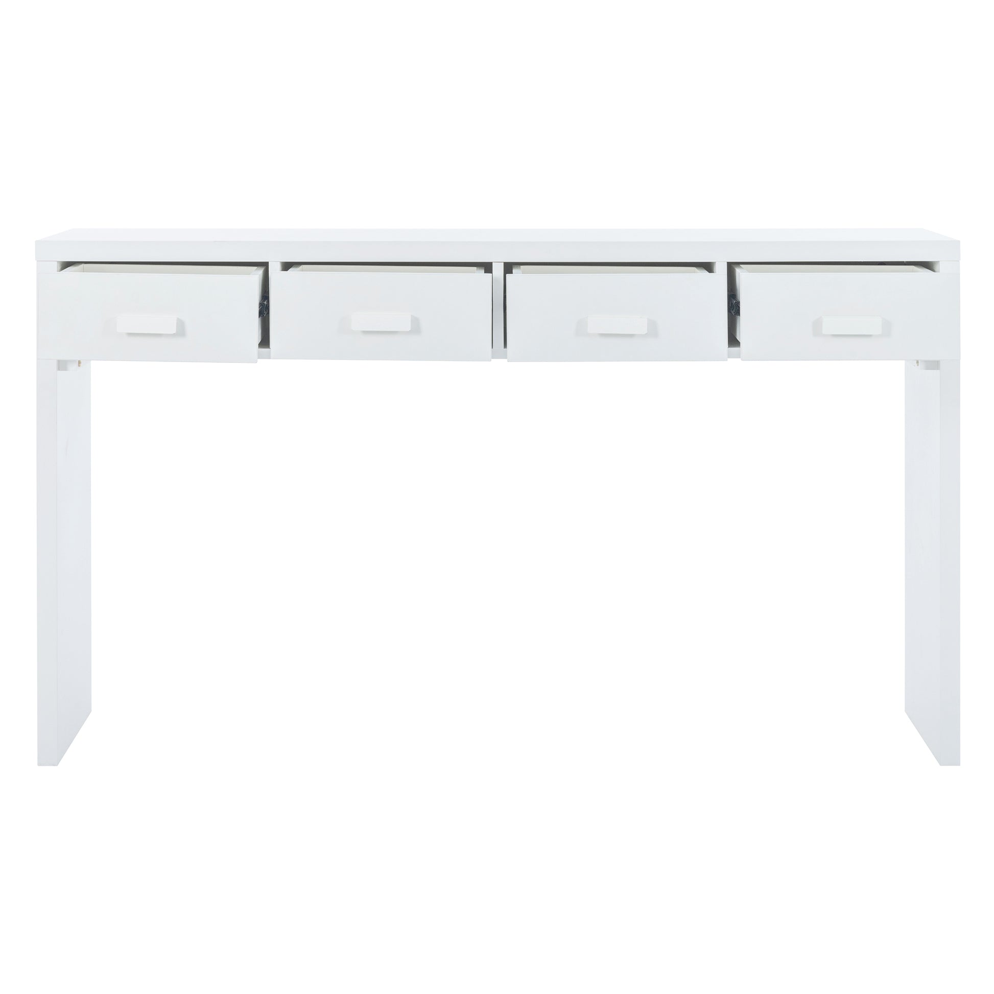 Modern Minimalist Console Table With Open Tabletop And Four Drawers With Metal Handles For Entry Way, Living Room And Dining Room White White Mdf