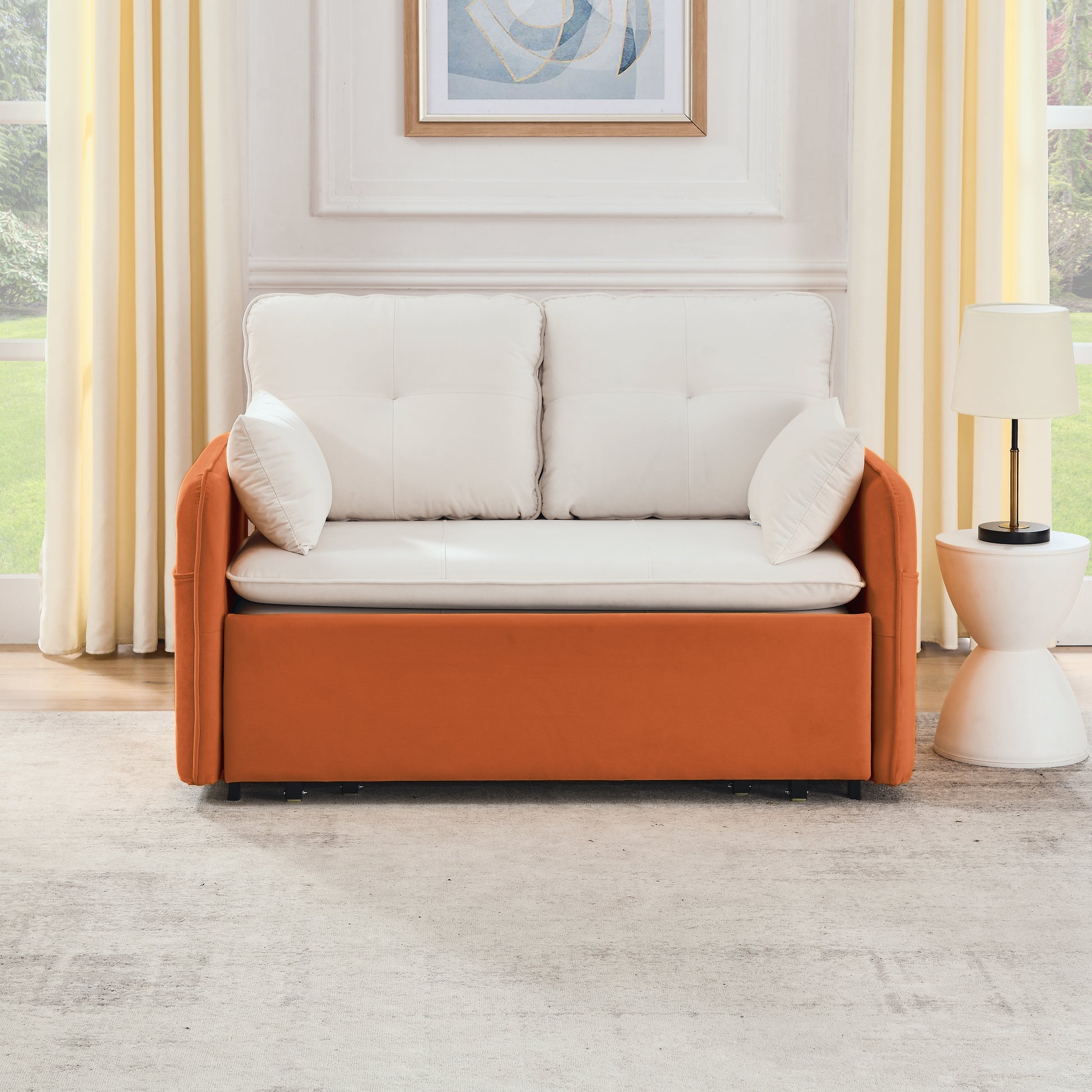 53" Modern Convertible Sofa Bed W 2 Removable Armrests W Usb Power Port, Velvet Recliner Adjustable Sofa W Head Pull Out Bed, 2 Pillows, For Living Room Apartment Etc., White Orange Beige Foam Velvet