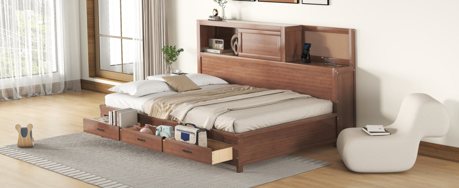 Full Size Wooden Daybed With 3 Storage Drawers, Upper Soft Board, Shelf, And A Set Of Sockets And Usb Ports, Brown Brown Solid Wood Mdf