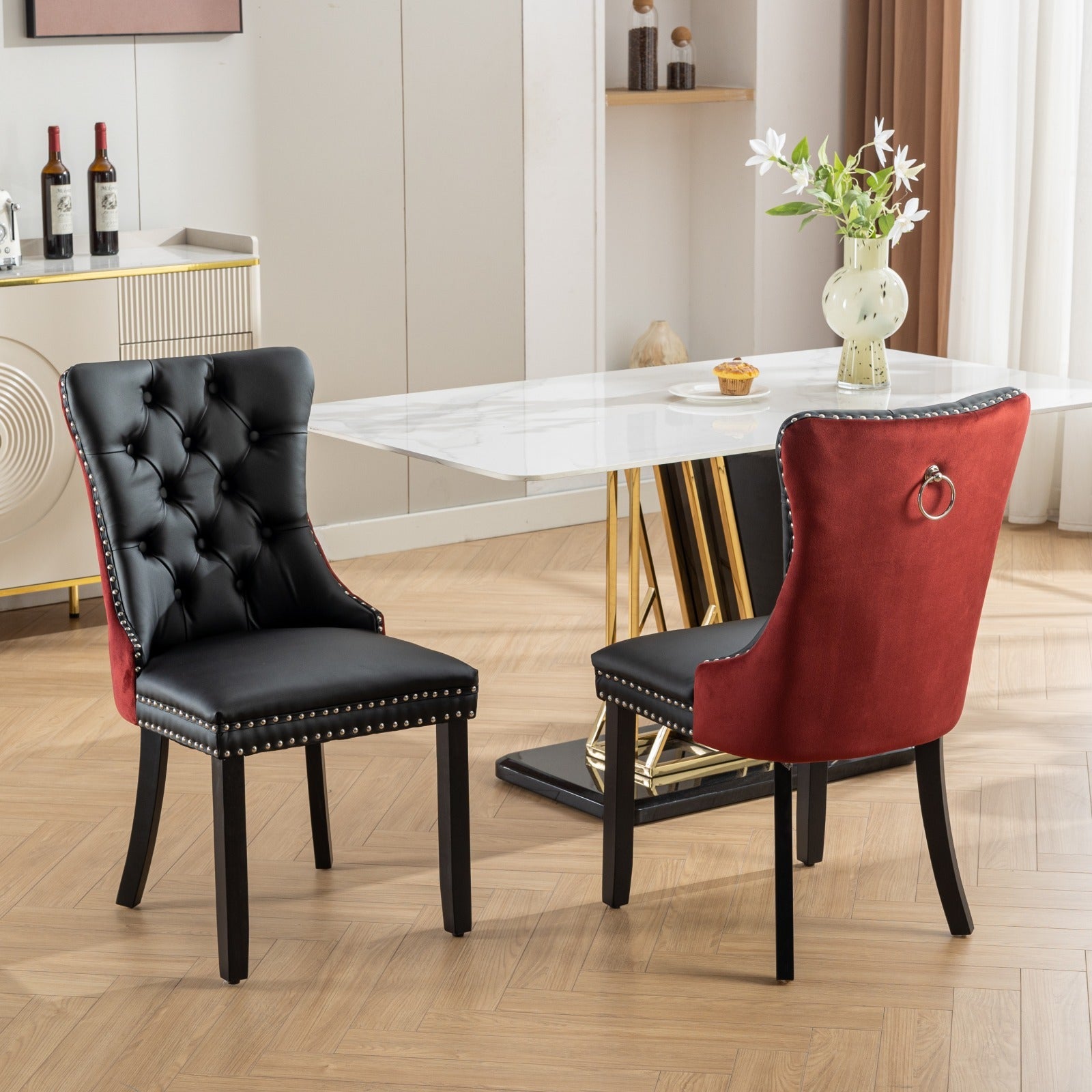 Nikki Collection Modern, High End Tufted Solid Wood Contemporary Pu And Velvet Upholstered Dining Chair With Wood Legs Trim 2 Pcs Set, Black Winered, Burdy,Sw2101Bw Black Burgundy Dining Room American Design Dining Chairs Set Of 2 Foam Pu Leather