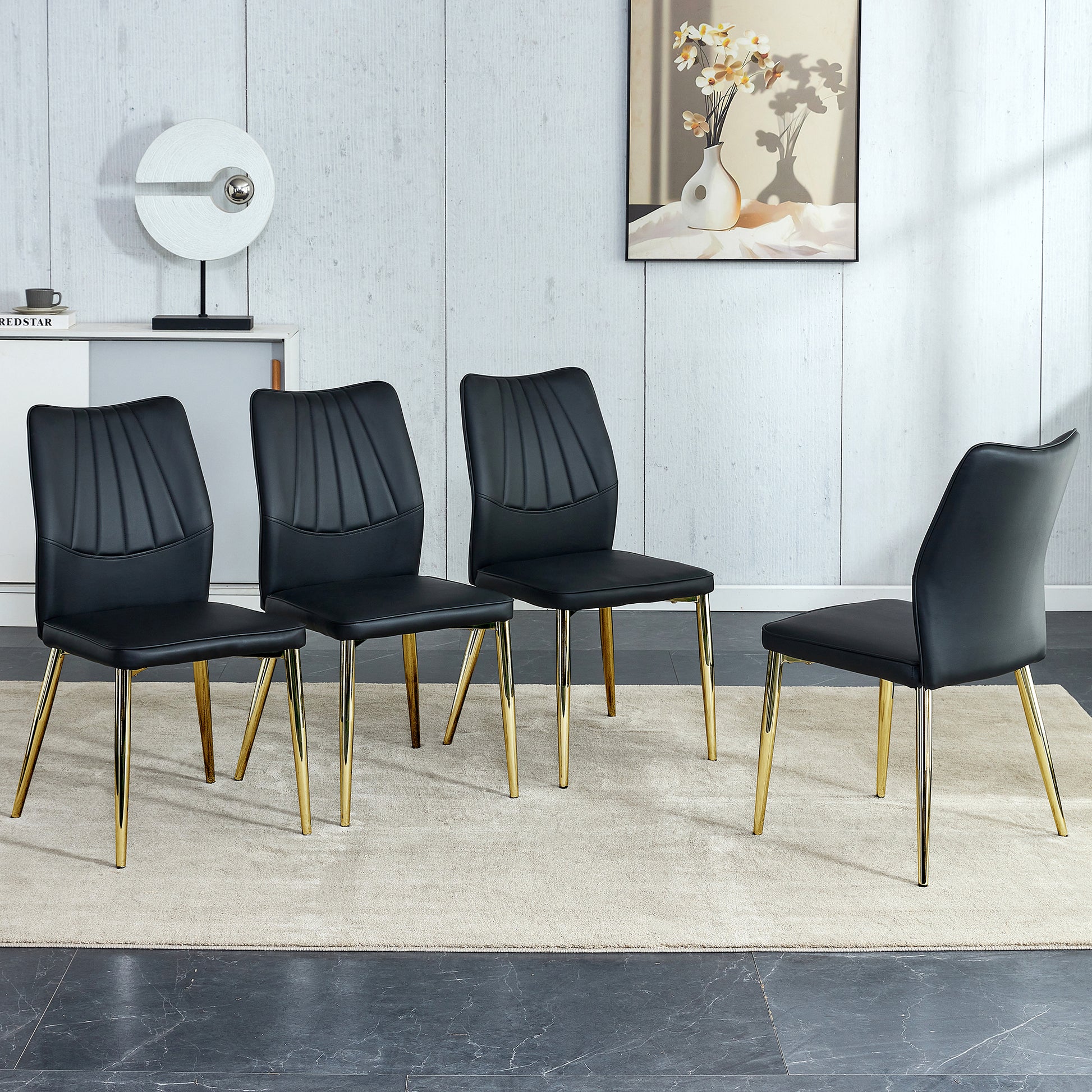 Four Black Dining Chairs. A Medieval Modern Chair Made Of Pu Material With Soft Cushions, Equipped With Golden Metal Legs. Suitable For Restaurants And Living Rooms Black Pu