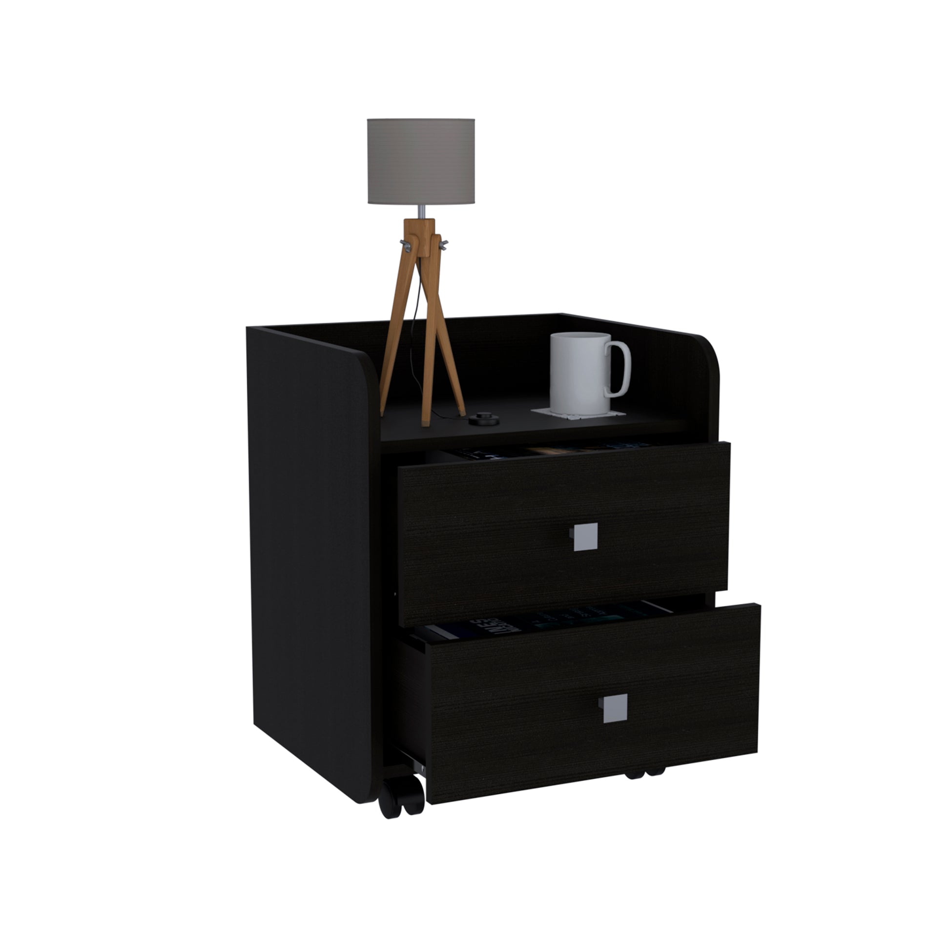 Nightstand 22"H, Two Drawers, Superior Top, Metal Handle, Black Black 2 Drawers Pine Black Particle Board Engineered Wood