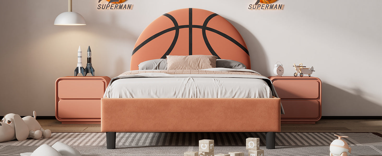 Basketball Design Upholstered Twin Platform Bed Sport Style Bed For Boys & Girls, Teens, Orange Box Spring Not Required Twin Orange Wood Bed Frame Velvet Velvet