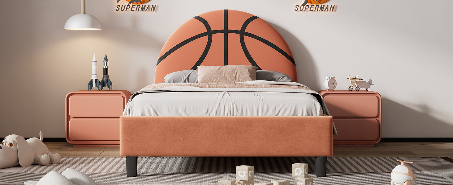 Basketball Design Upholstered Twin Platform Bed Sport box spring not required-twin-orange-wood-bed