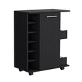 Black 4 Wheel Bar Cart Cabinet For Kitchen Or Living Room, With 6 Side Built In Bottle Racks, 1 Interior Shelve, 2 Side Shelves, 2 Space With Wood Door To Store Glasses, Cups, Coffee Or Snacks Black Particle Board Engineered Wood