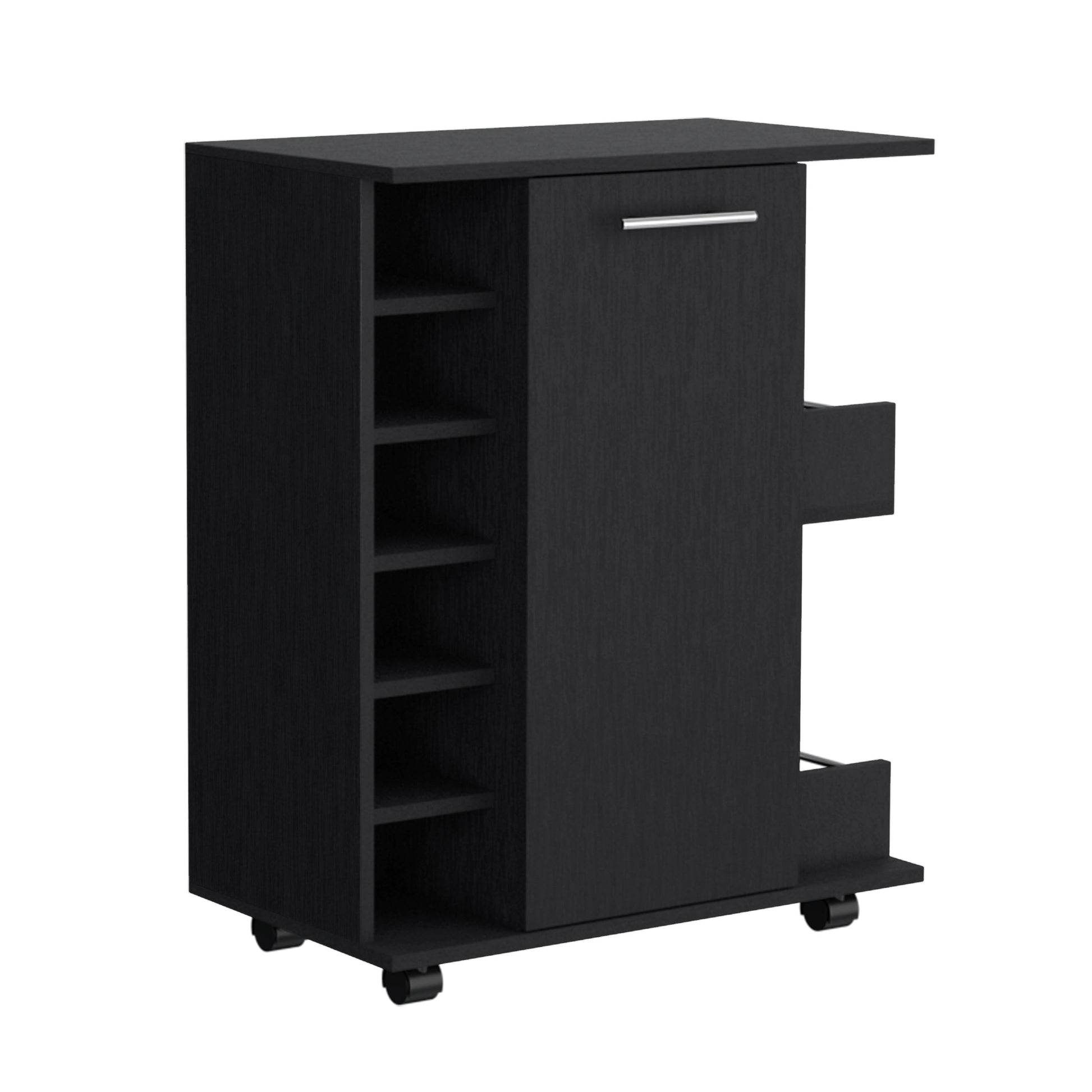 Black 4 Wheel Bar Cart Cabinet For Kitchen Or Living Room, With 6 Side Built In Bottle Racks, 1 Interior Shelve, 2 Side Shelves, 2 Space With Wood Door To Store Glasses, Cups, Coffee Or Snacks Black Pine Particle Board Engineered Wood