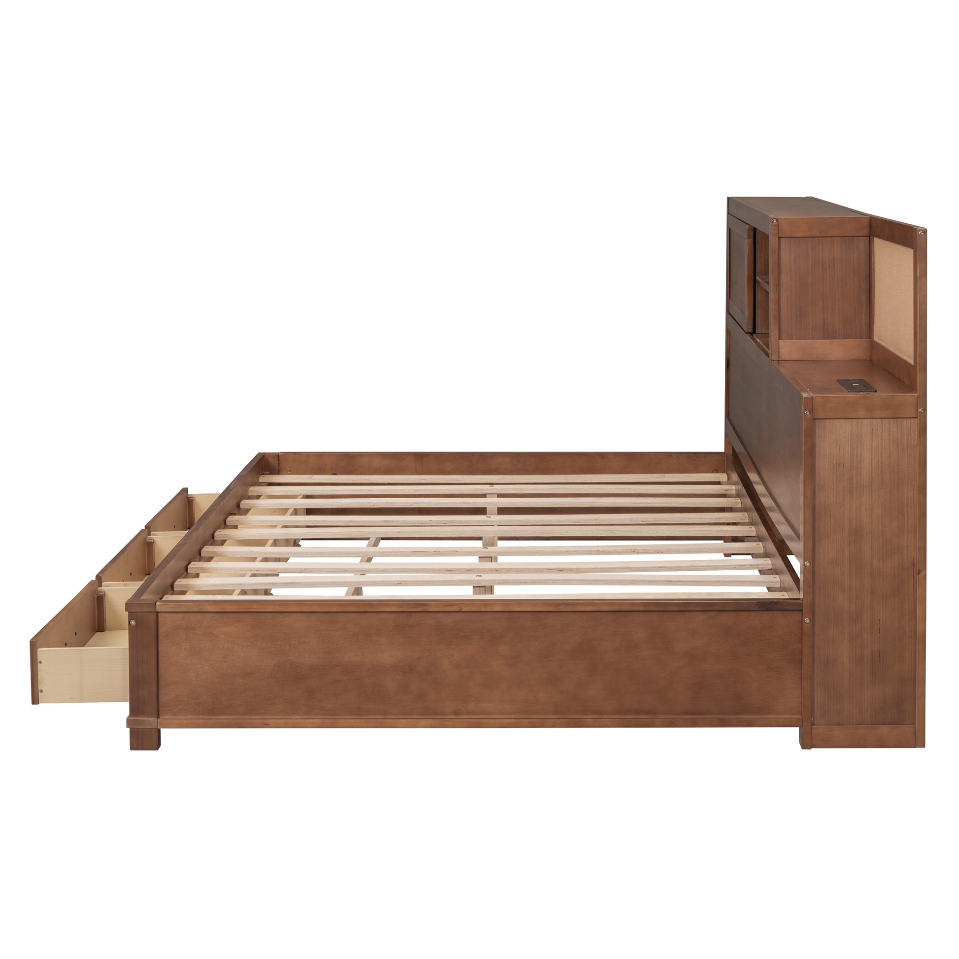 Full Size Wooden Daybed With 3 Storage Drawers, Upper Soft Board, Shelf, And A Set Of Sockets And Usb Ports, Brown Brown Solid Wood Mdf