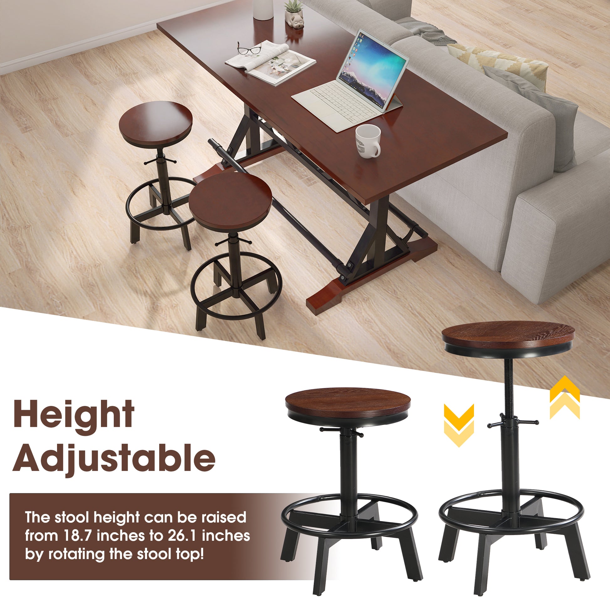 3 Piece Dining Table Set, 59" Wooden Sofa Side Table With Stabilizing Base, Rustic Brown Industrial Adjustable Height Stools, Modern Bar Table And Chairs For Living Room, Dining Room, And Space Saving Metal Espresso Wood Classic Rectangular Wood Metal