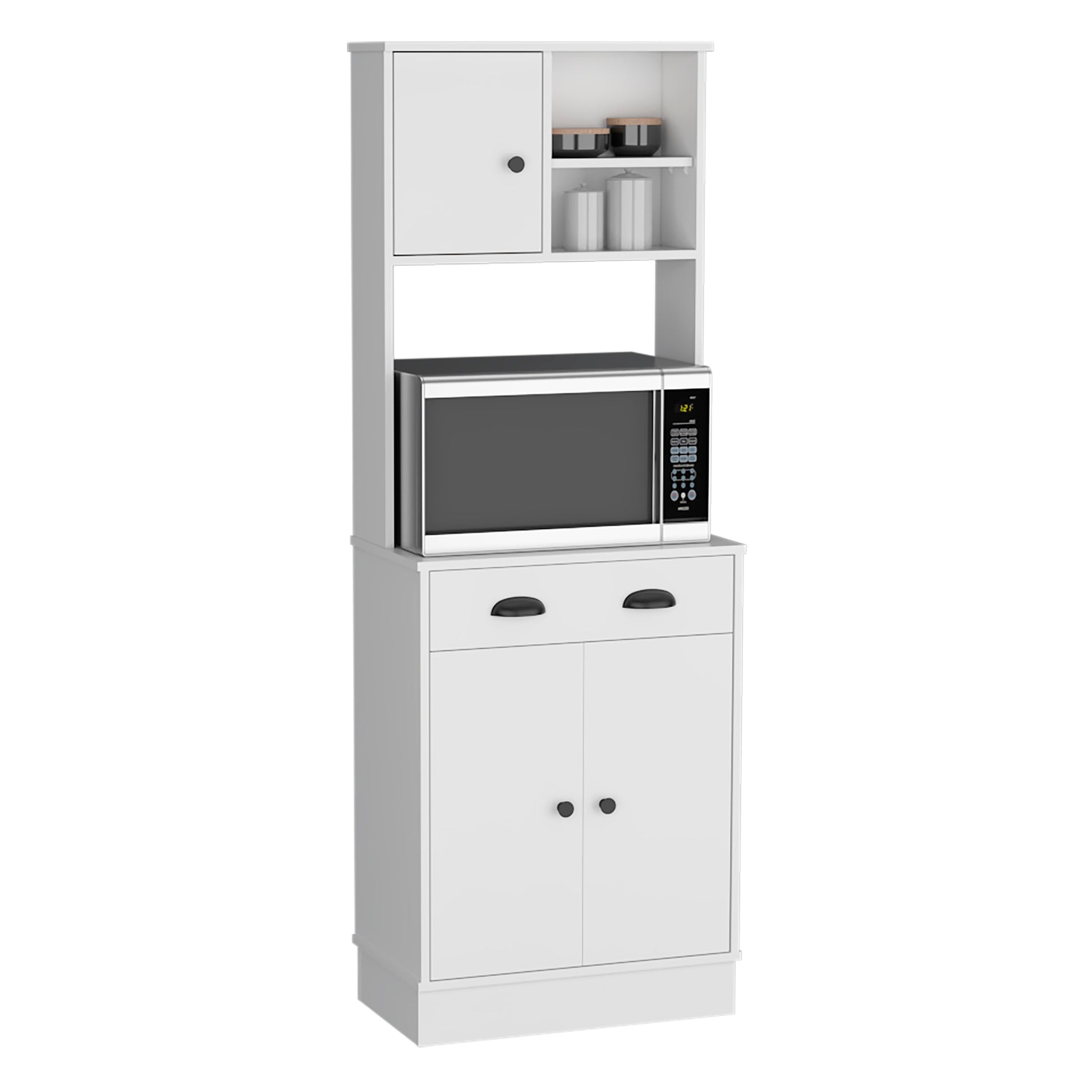 Kitchen Pantry 67" H, Two Cabinets, Three Doors, Two Open Shelves, One Drawer, Microwave Storage Option, White White White Contemporary,Modern Pine Particle Board Engineered Wood