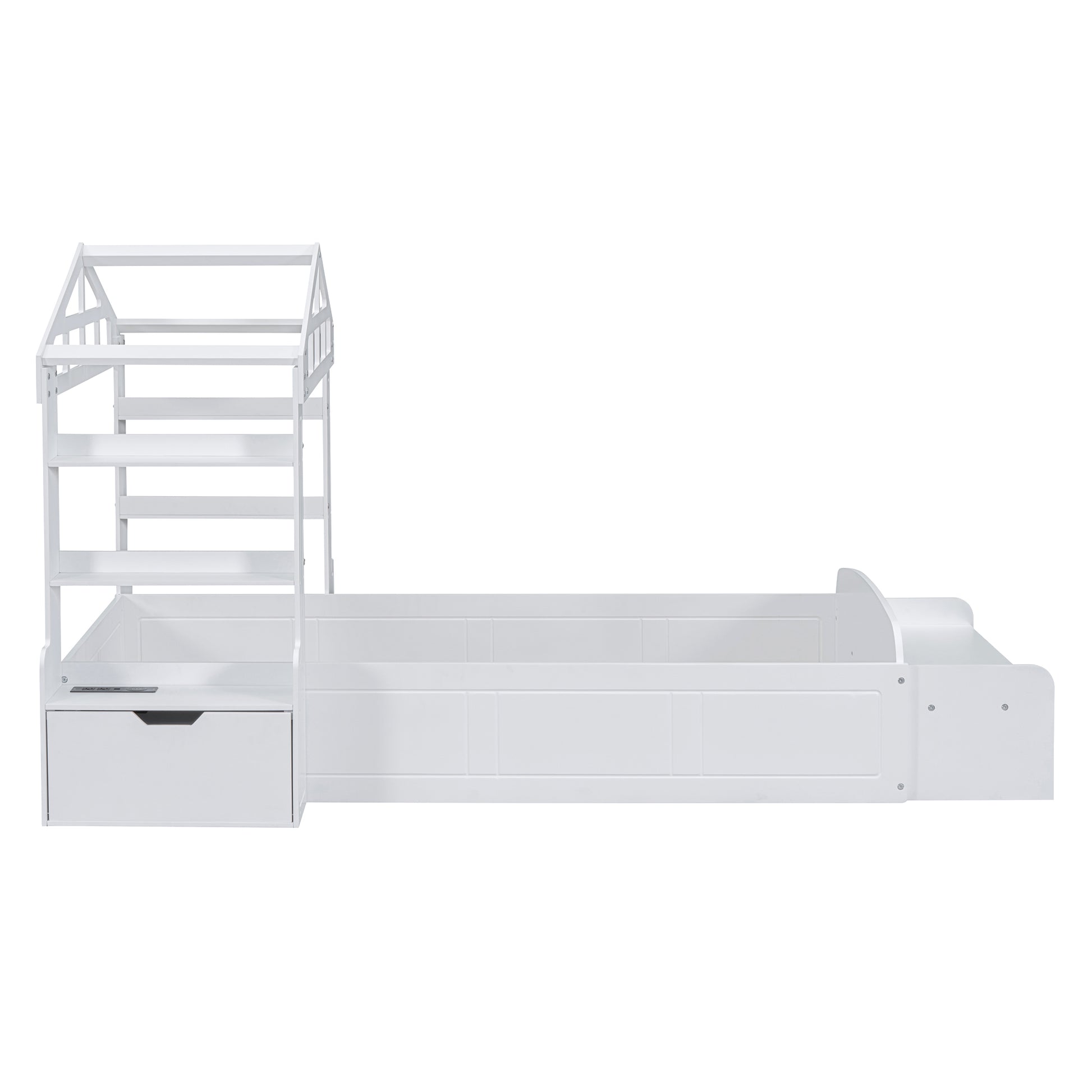Twin Size House Bed With Bench, Socket And Shelves, White White Solid Wood Mdf