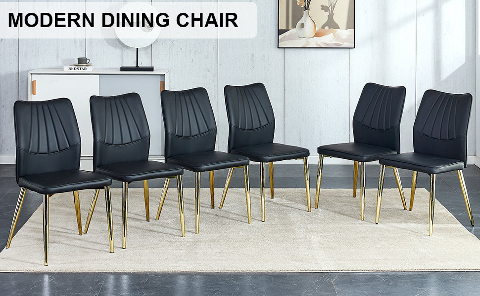 Six Black Dining Chairs. Modern Chairs From The Middle Ages. Made Of Pu Material Cushion And Golden Metal Legs. Suitable For Restaurants And Living Rooms.C 009 Black Pu