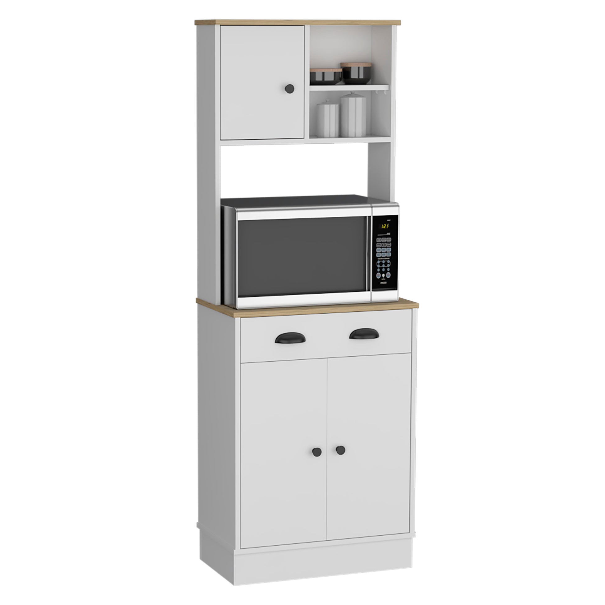 Kitchen Pantry 67" H, Two Cabinets, Three Doors, Two Open Shelves, One Drawer, Microwave Storage Option, White Macadamia Multicolor Contemporary,Modern Pine Particle Board Engineered Wood