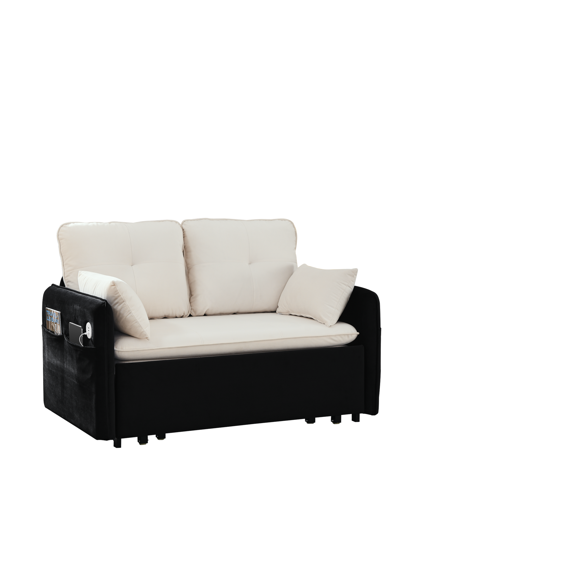 53" Modern Convertible Sofa Bed W 2 Removable Armrests W Usb Power Port, Velvet Recliner Adjustable Sofa W Head Pull Out Bed, 2 Pillows, For Living Room Apartment Etc., White Black Beige Black Foam Velvet