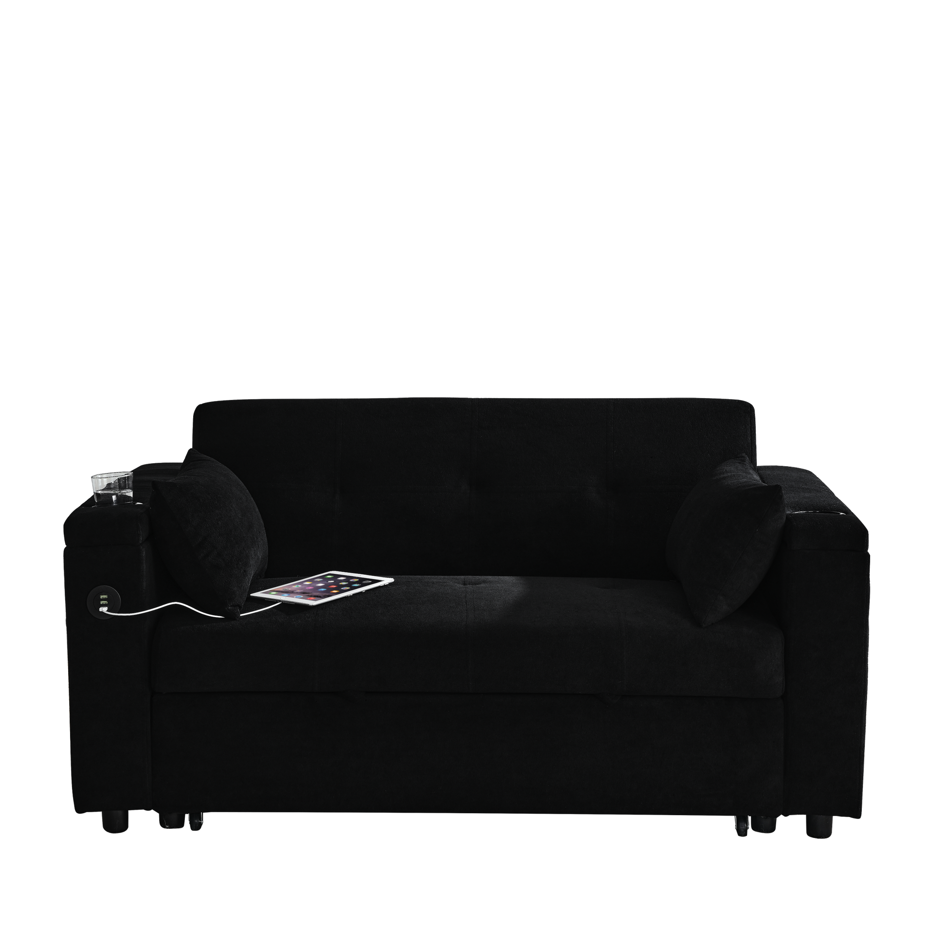 54" Pull Out Sleeper Sofa Bed Double Seat Recliner Sofa Bed With Armrests With Storage And Side Pockets, Adjustable Backrest And Lumbar Pillow For Apartments, Living Rooms, Etc. With Usb Power Outlet Black Foam Chenille 2 Seat