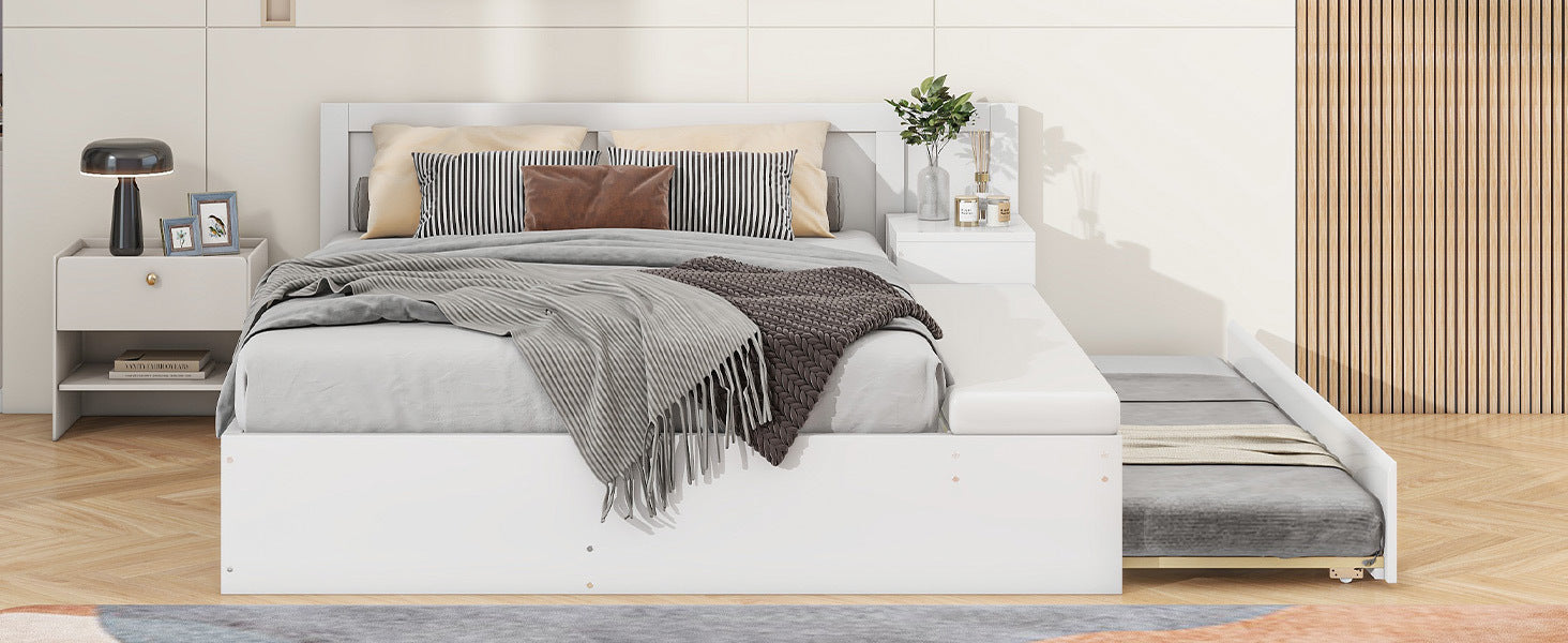 Full Size Wood Storage Hydraulic Platform Bed With Twin Size Trundle, Side Table And Lounge, White Box Spring Not Required Full White Wood Bedroom Bed Frame Solid Wood Mdf