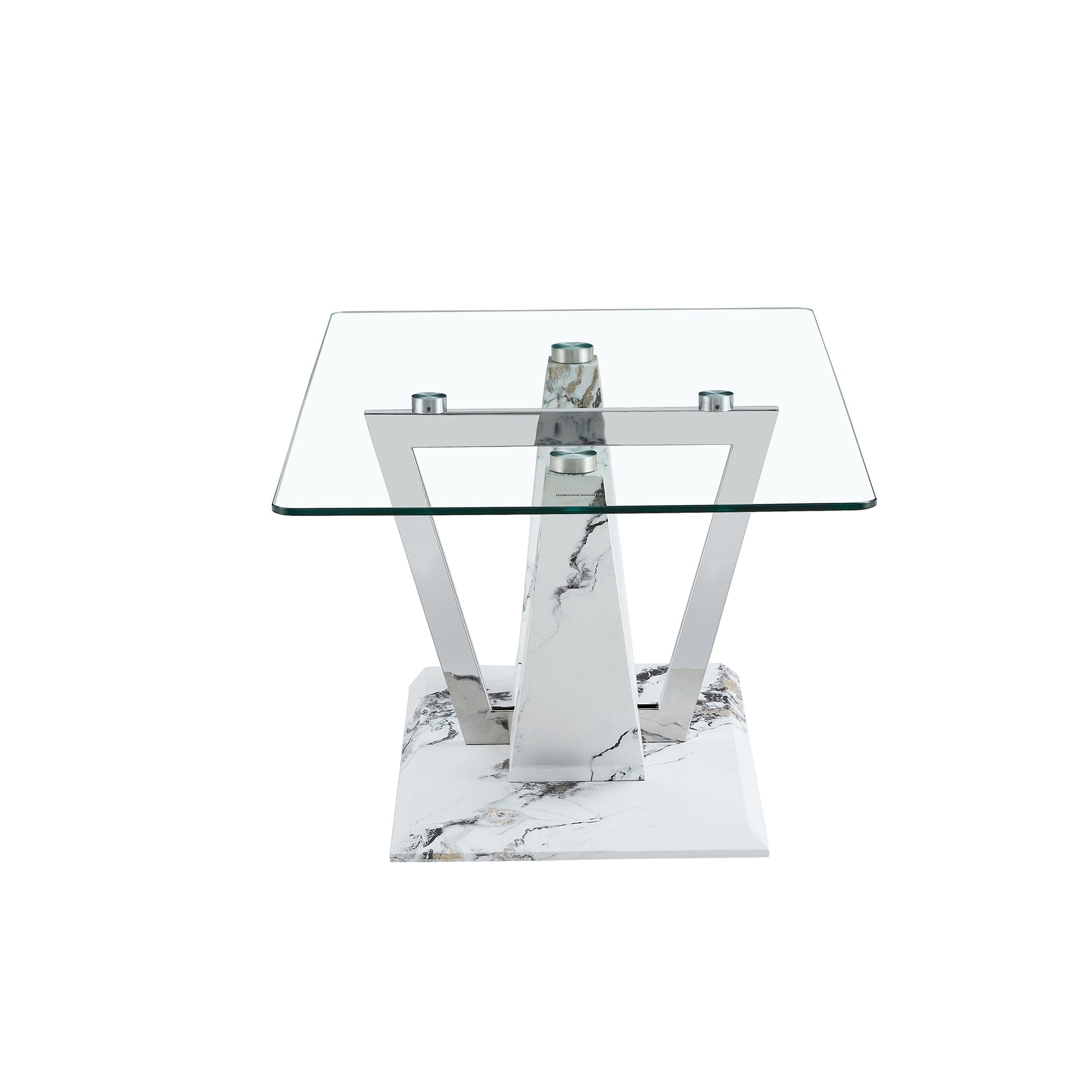 Modern Minimalist Transparent Tempered Glass Coffee Table With Marble Patterned Mdf Legs And Stainless Steel Decorative Columns. Computer Desk. Game Table. Ct 907 Transparent Mdf Glass